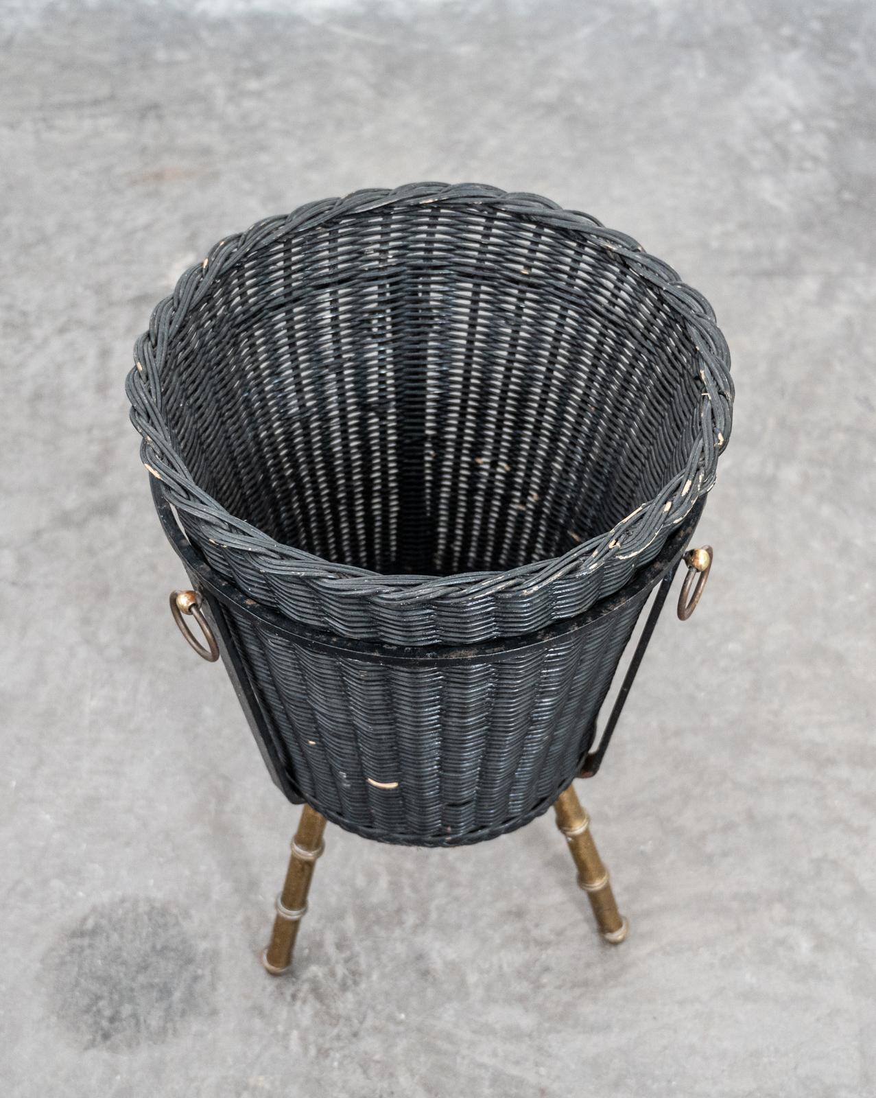 Rattan Jacques Adnet Faux Bamboo Wastepaper Basket For Sale