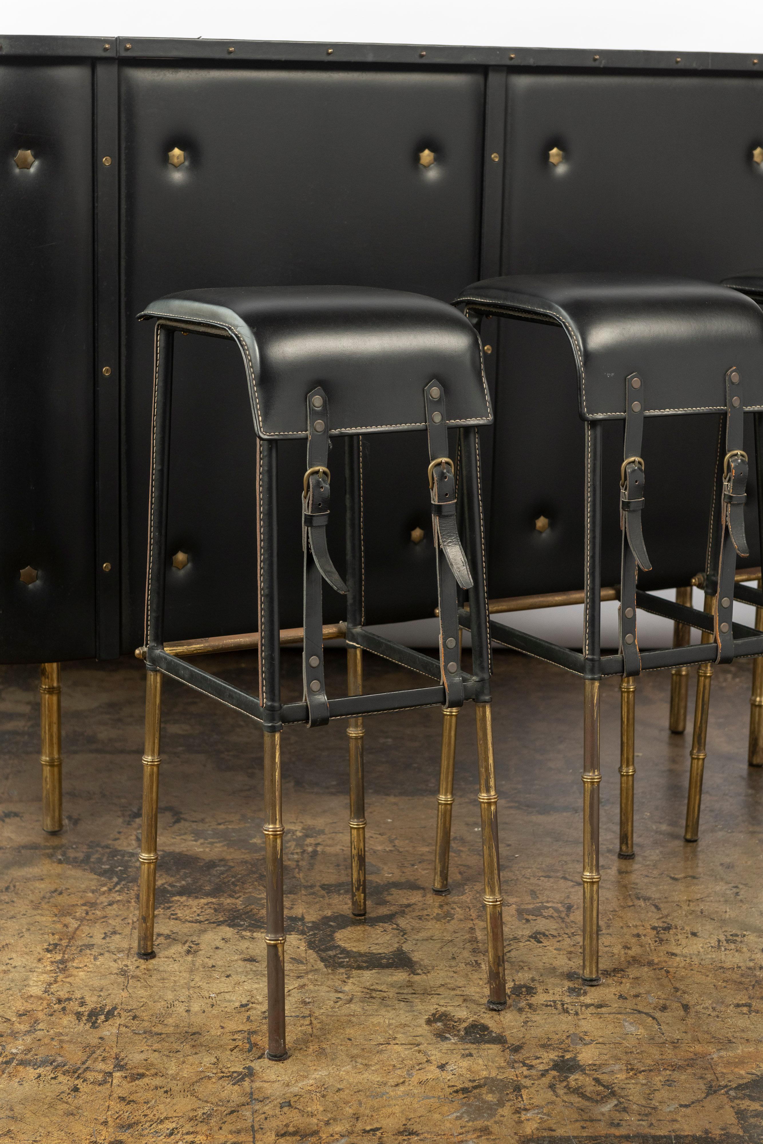 Jacques Adnet Faux Leather Bar and Three Stitched Leather Stools with Brass Legs 4