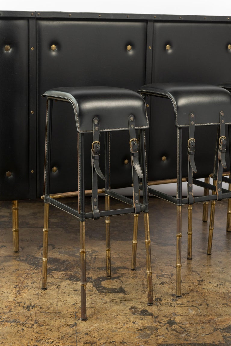 Jacques Adnet Faux Leather Bar and Three Stitched Leather Stools with Brass Legs For Sale 4
