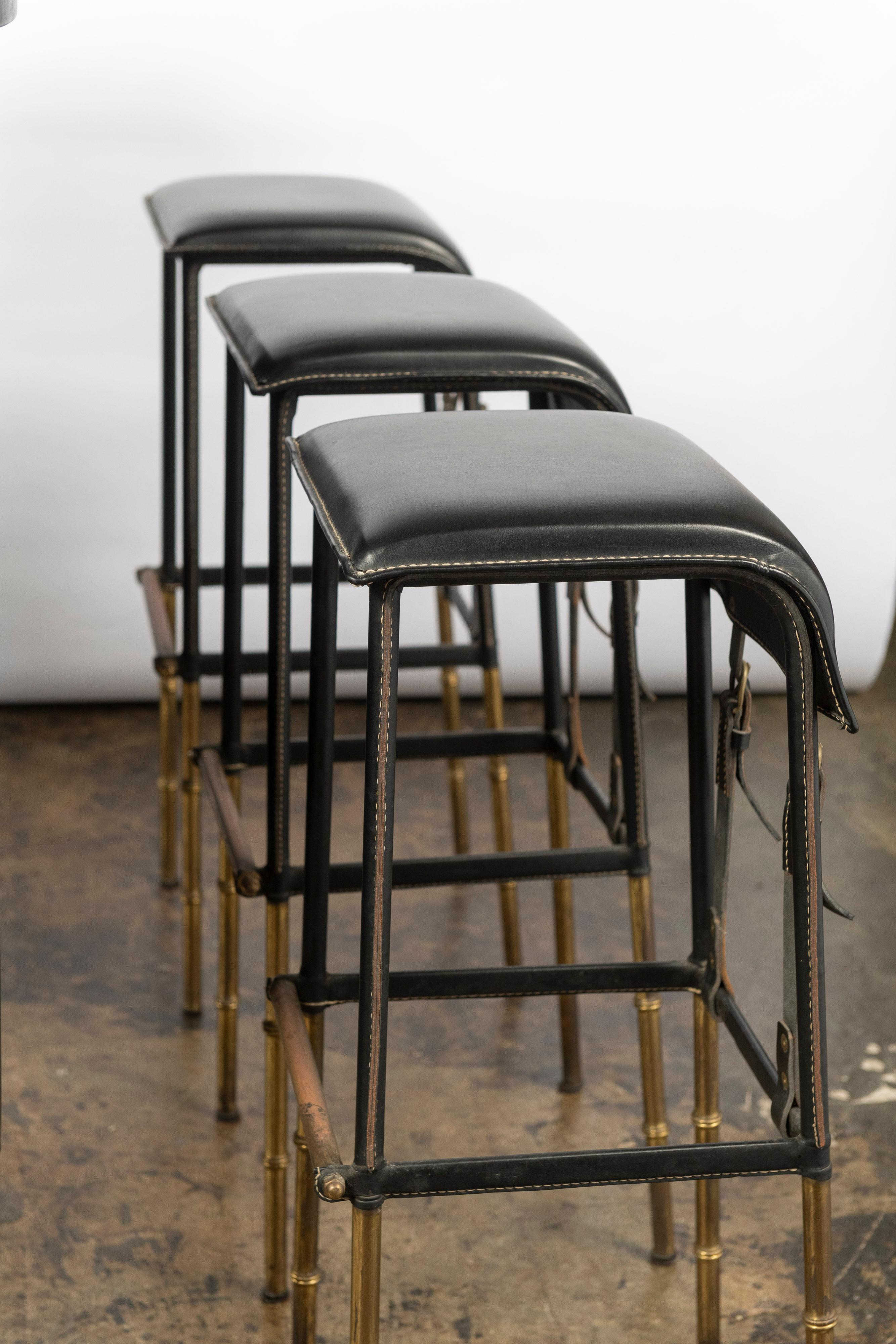 Jacques Adnet Faux Leather Bar and Three Stitched Leather Stools with Brass Legs 5