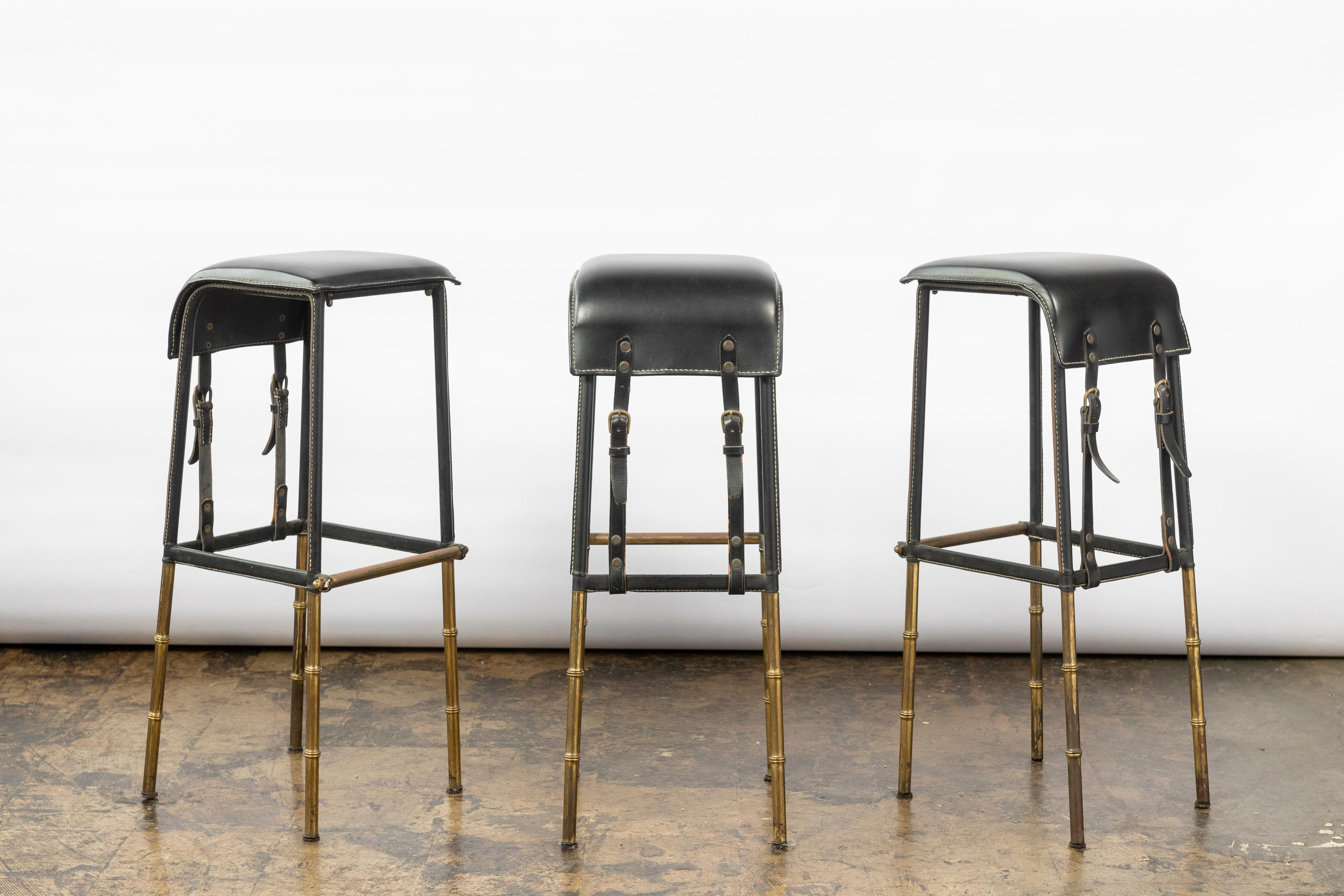 Jacques Adnet Faux Leather Bar and Three Stitched Leather Stools with Brass Legs 6