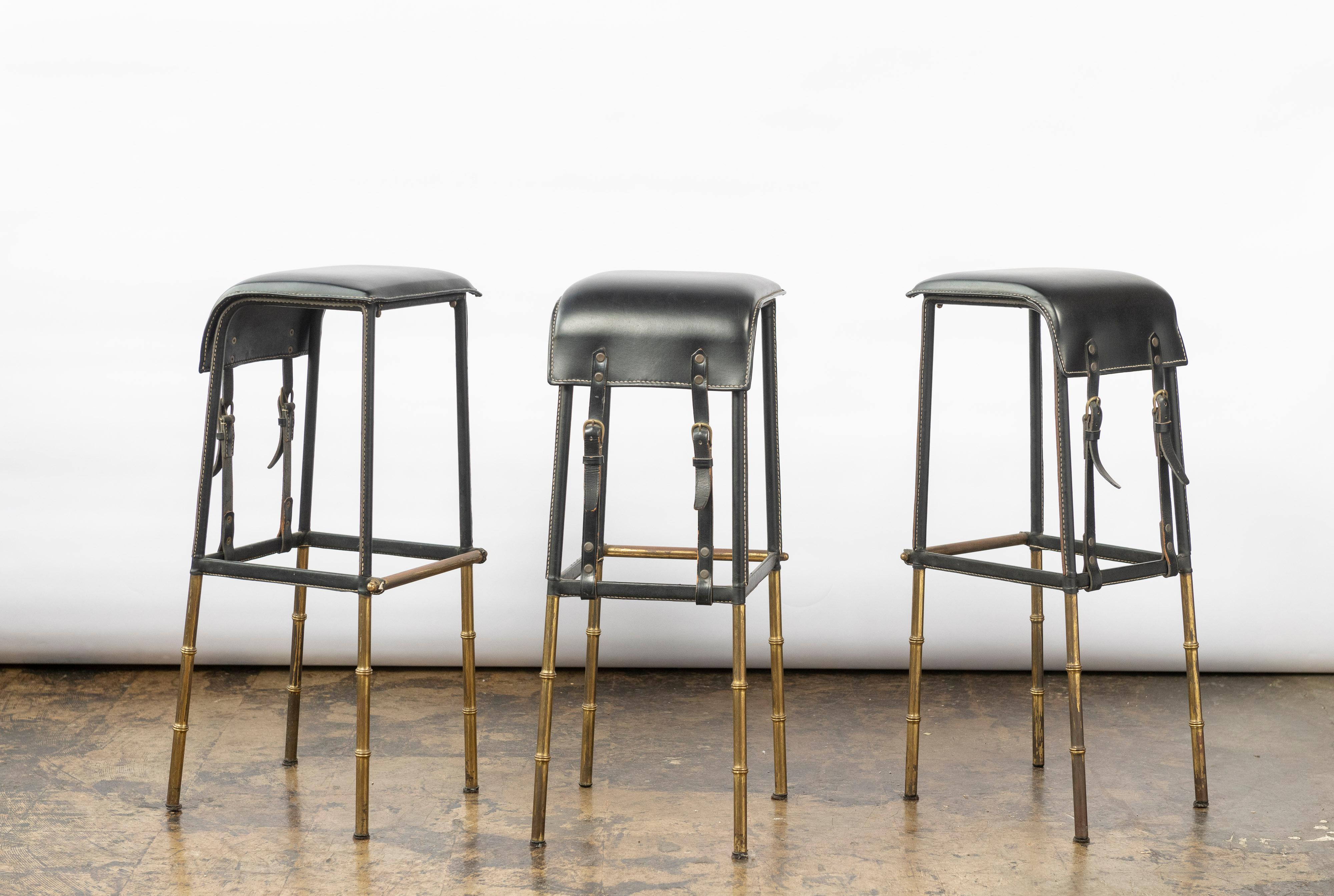 Jacques Adnet Faux Leather Bar and Three Stitched Leather Stools with Brass Legs 7