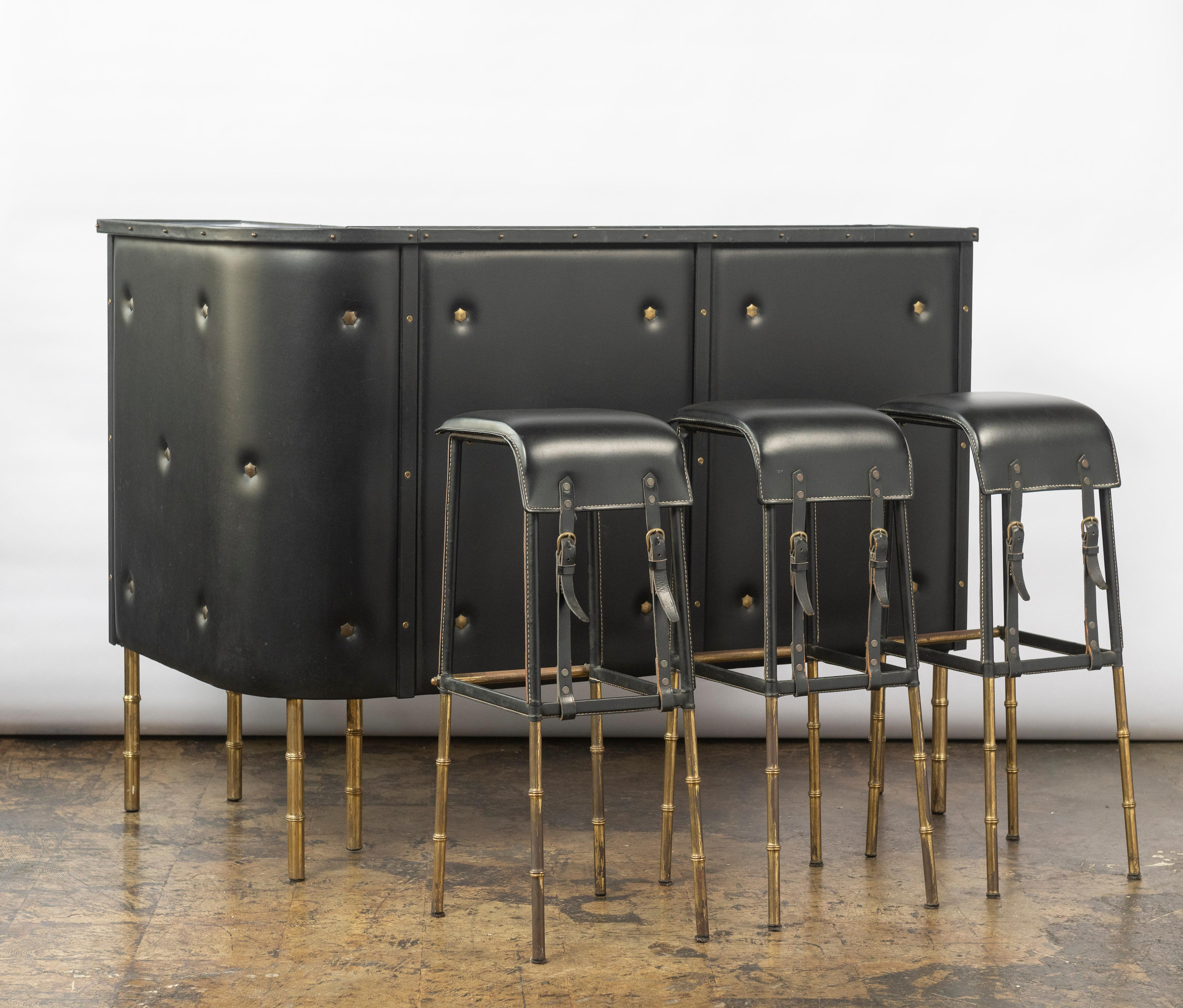 Mid-Century Modern Jacques Adnet Faux Leather Bar and Three Stitched Leather Stools with Brass Legs