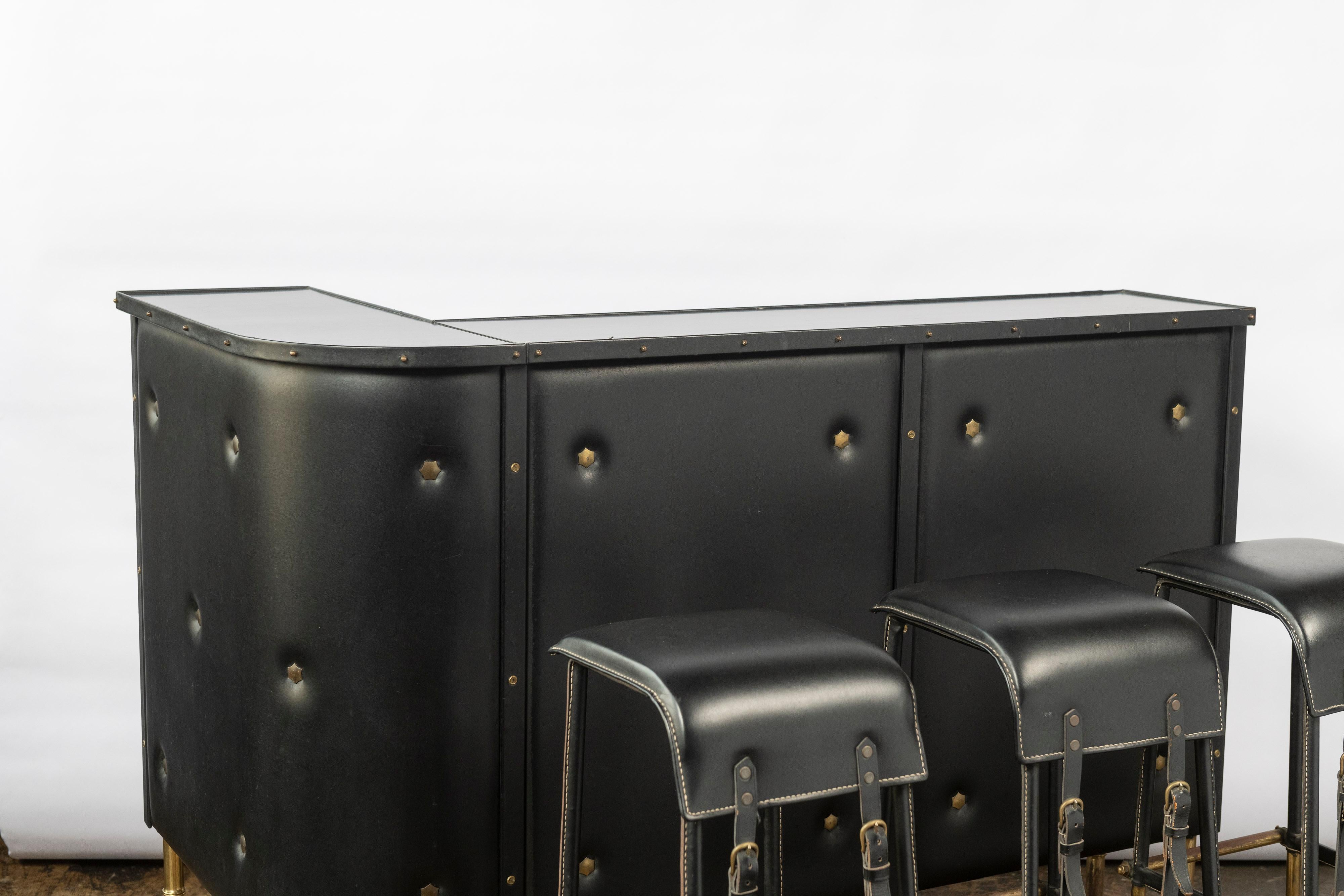 Jacques Adnet Faux Leather Bar and Three Stitched Leather Stools with Brass Legs In Good Condition In San Francisco, CA