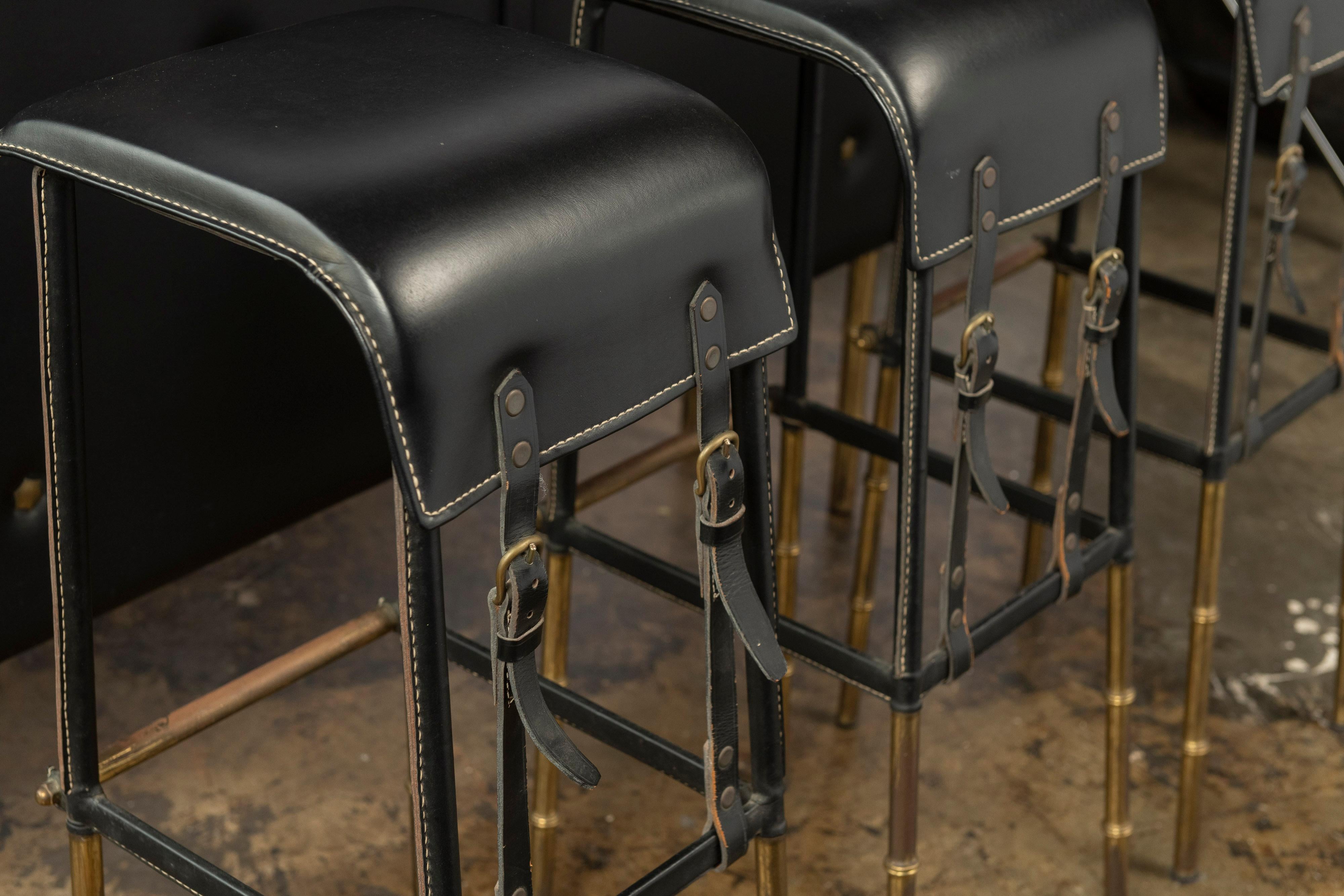 20th Century Jacques Adnet Faux Leather Bar and Three Stitched Leather Stools with Brass Legs
