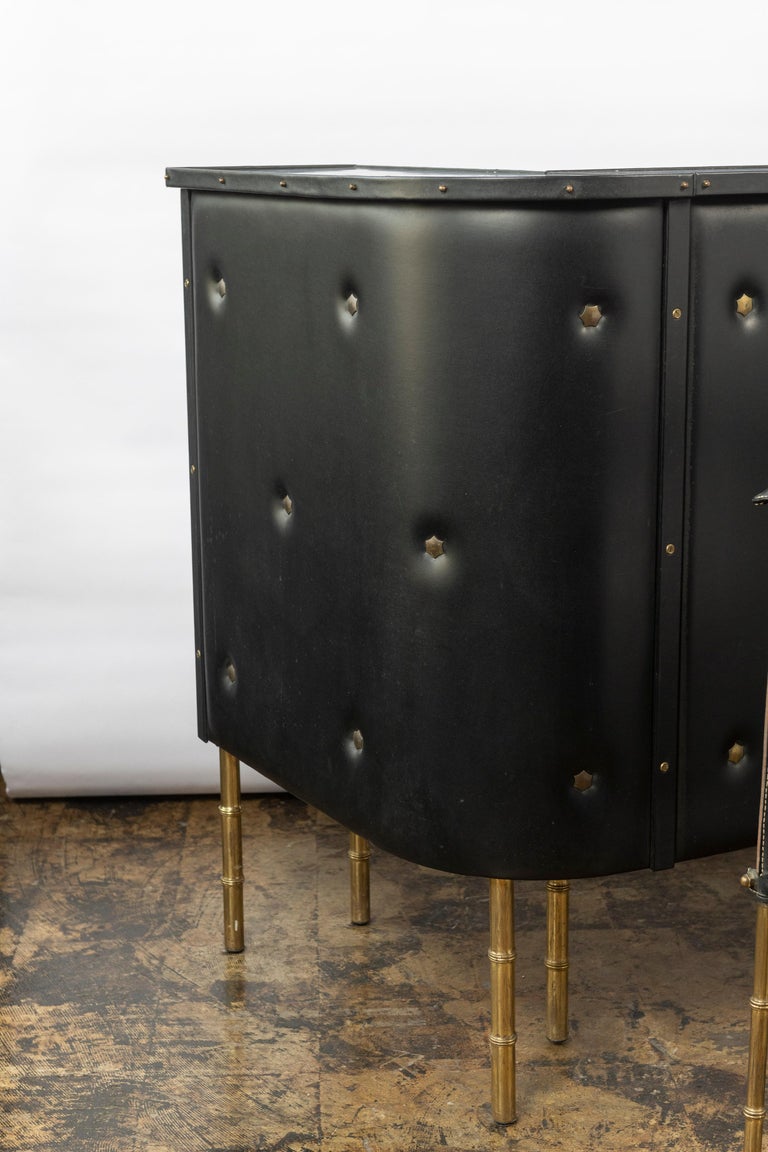 Jacques Adnet Faux Leather Bar and Three Stitched Leather Stools with Brass Legs For Sale 1