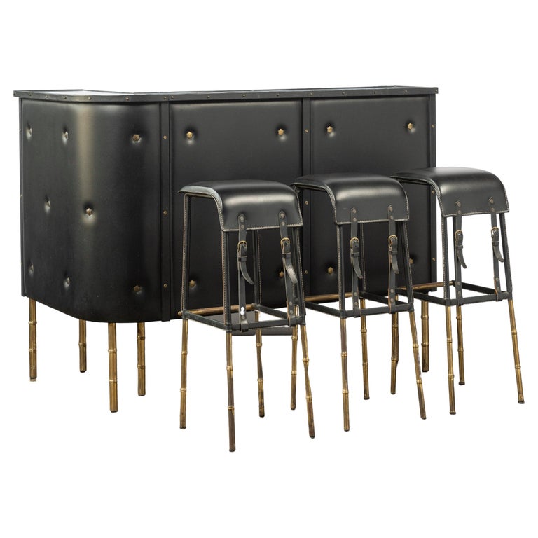 Jacques Adnet Faux Leather Bar and Three Stitched Leather Stools with Brass Legs For Sale