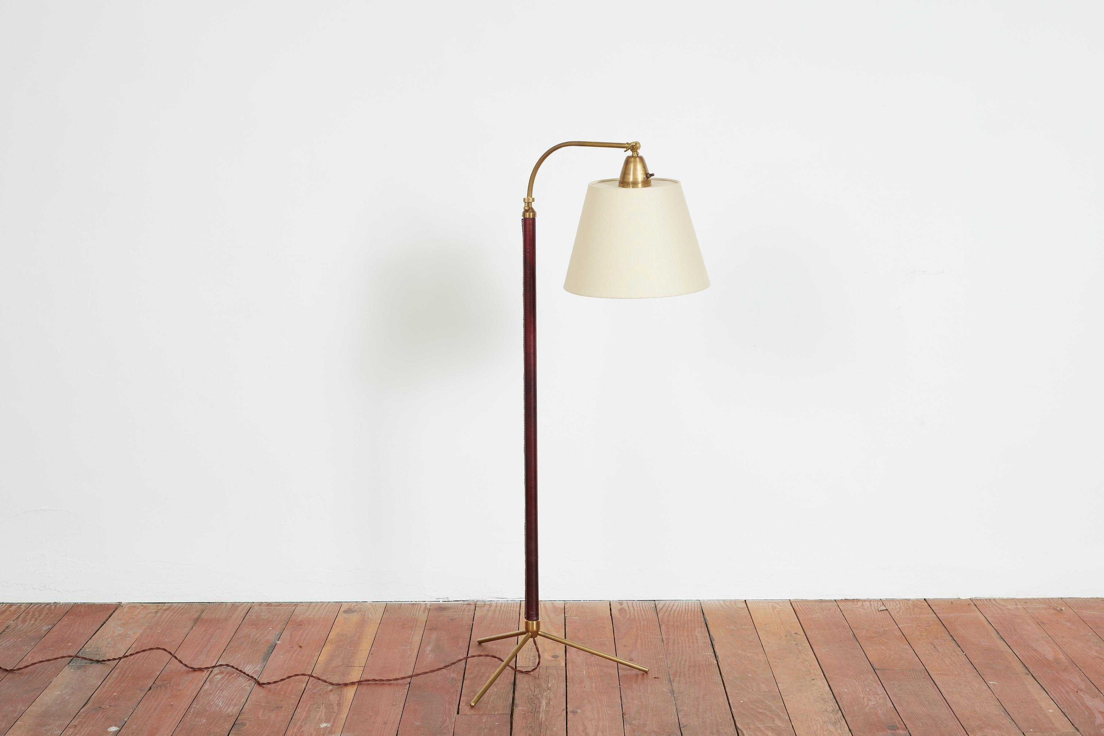 French Jacques Adnet Floor Lamp in Burgandy Leather For Sale