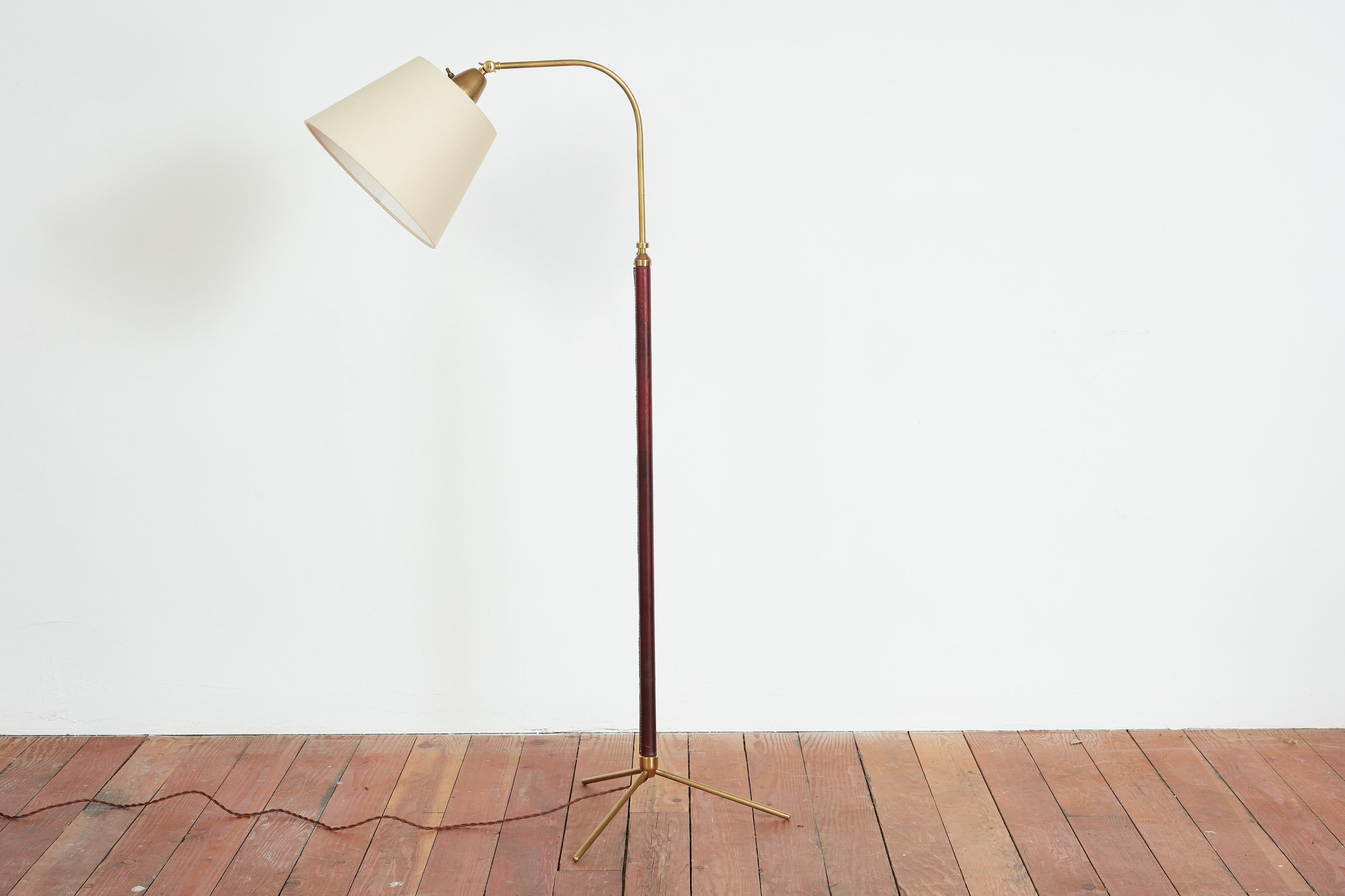 Mid-20th Century Jacques Adnet Floor Lamp in Burgandy Leather For Sale