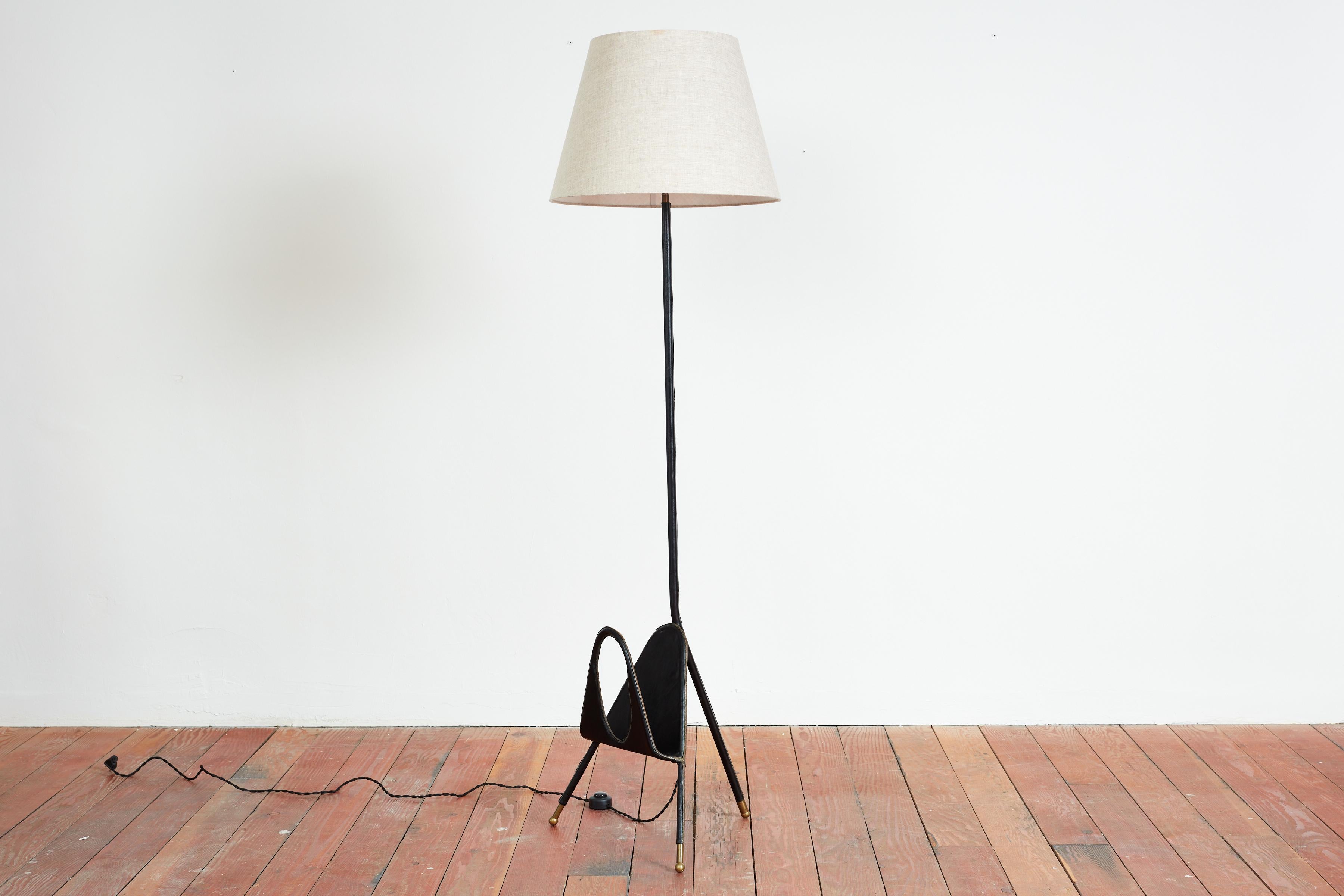 Jacques Adnet Floor Lamp w/ Magazine Stand For Sale