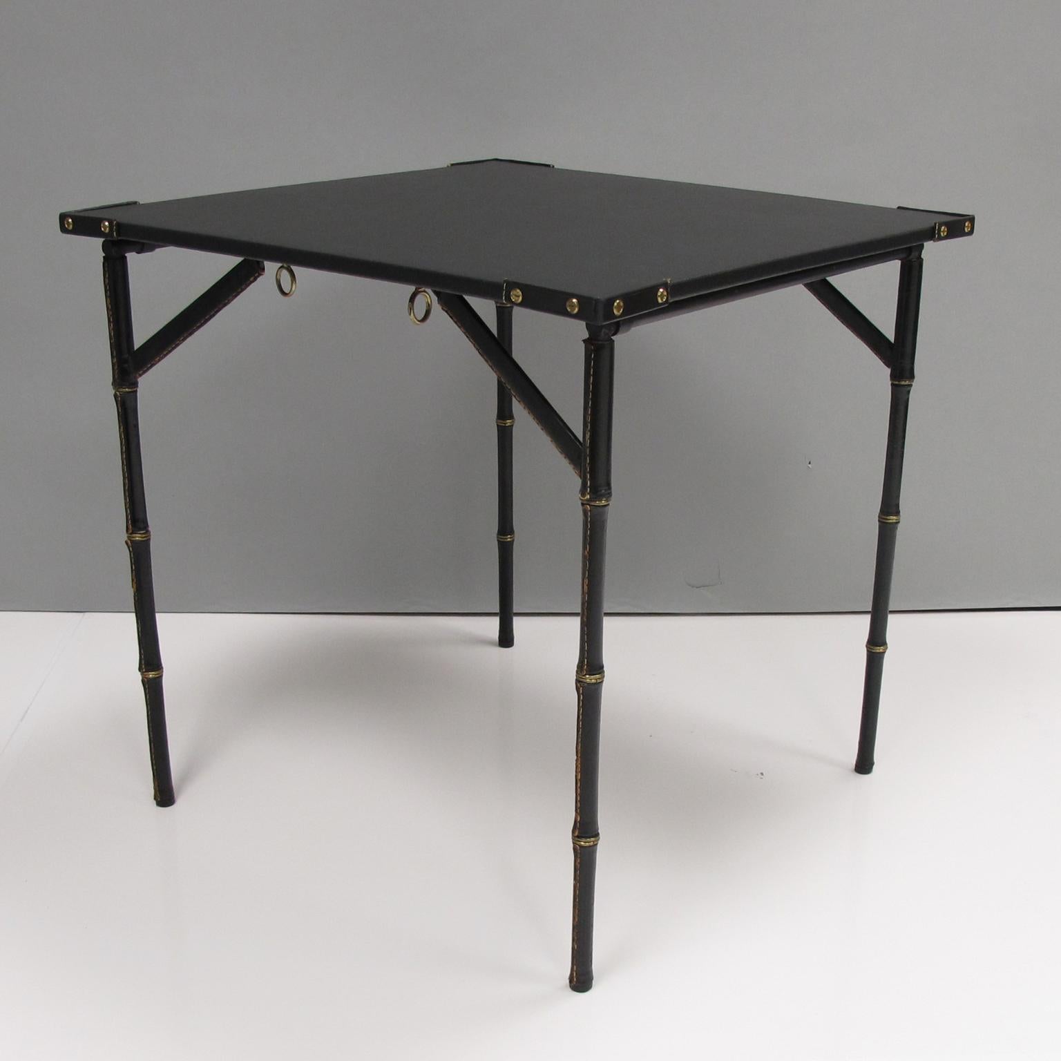 Jacques Adnet Folding Table Hand-Stitched Black Leather Bamboo Brass Design 4