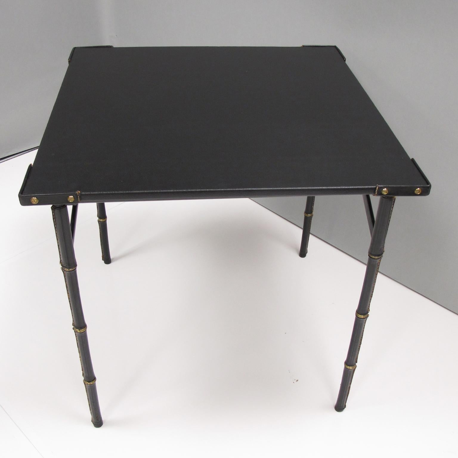 Jacques Adnet Folding Table Hand-Stitched Black Leather Bamboo Brass Design 5
