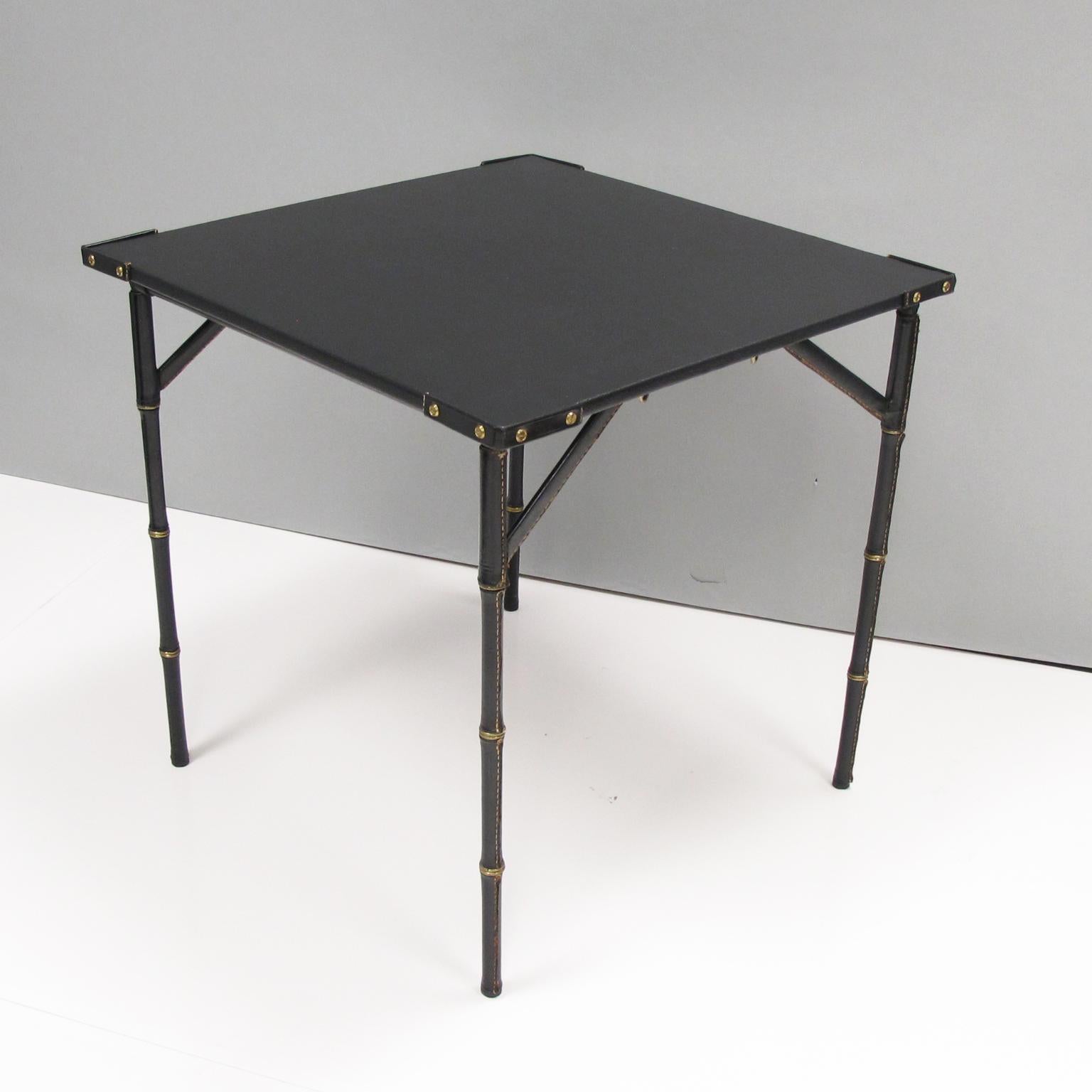 Jacques Adnet Folding Table Hand-Stitched Black Leather Bamboo Brass Design 6