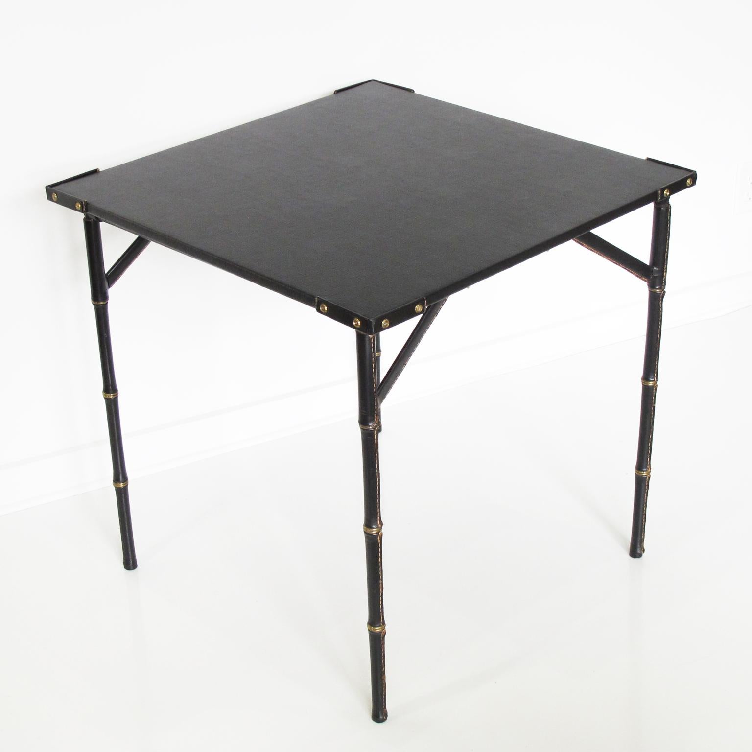 Art Deco Jacques Adnet Folding Table Hand-Stitched Black Leather Bamboo Brass Design