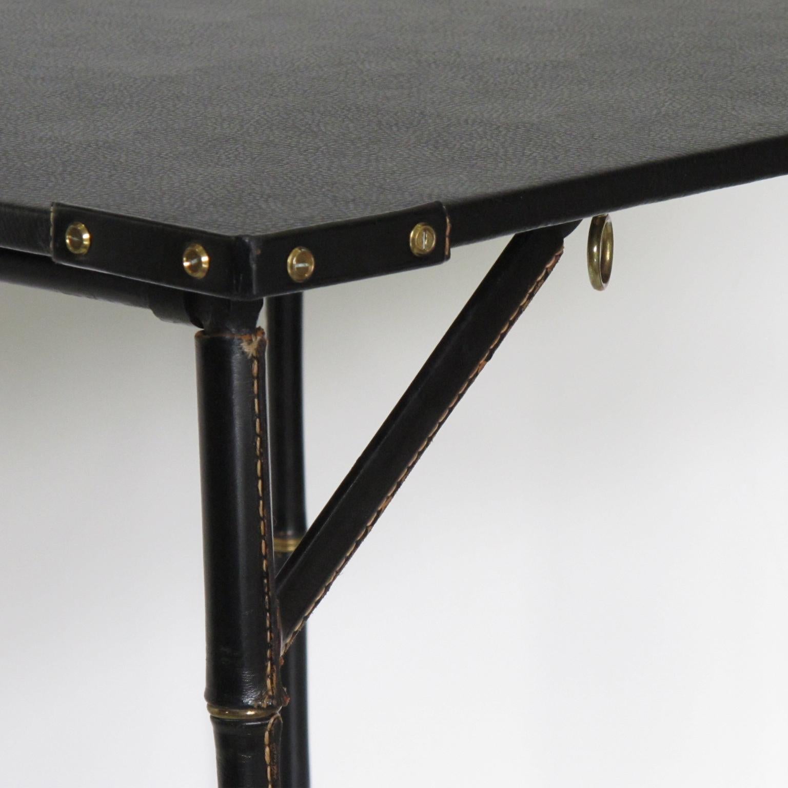 French Jacques Adnet Folding Table Hand-Stitched Black Leather Bamboo Brass Design