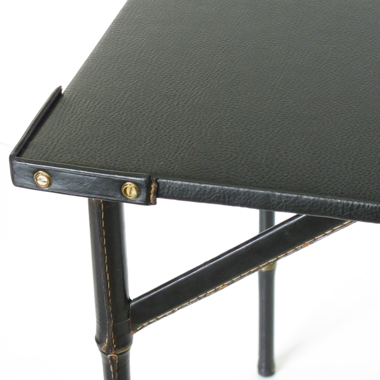 Mid-20th Century Jacques Adnet Folding Table Hand-Stitched Black Leather Bamboo Brass Design