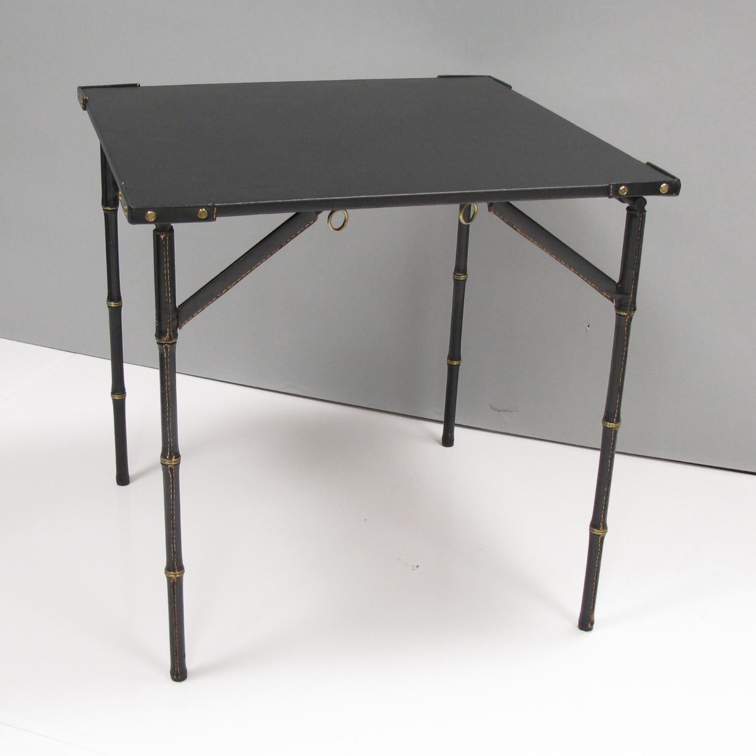 Jacques Adnet Folding Table Hand-Stitched Black Leather Bamboo Brass Design 1