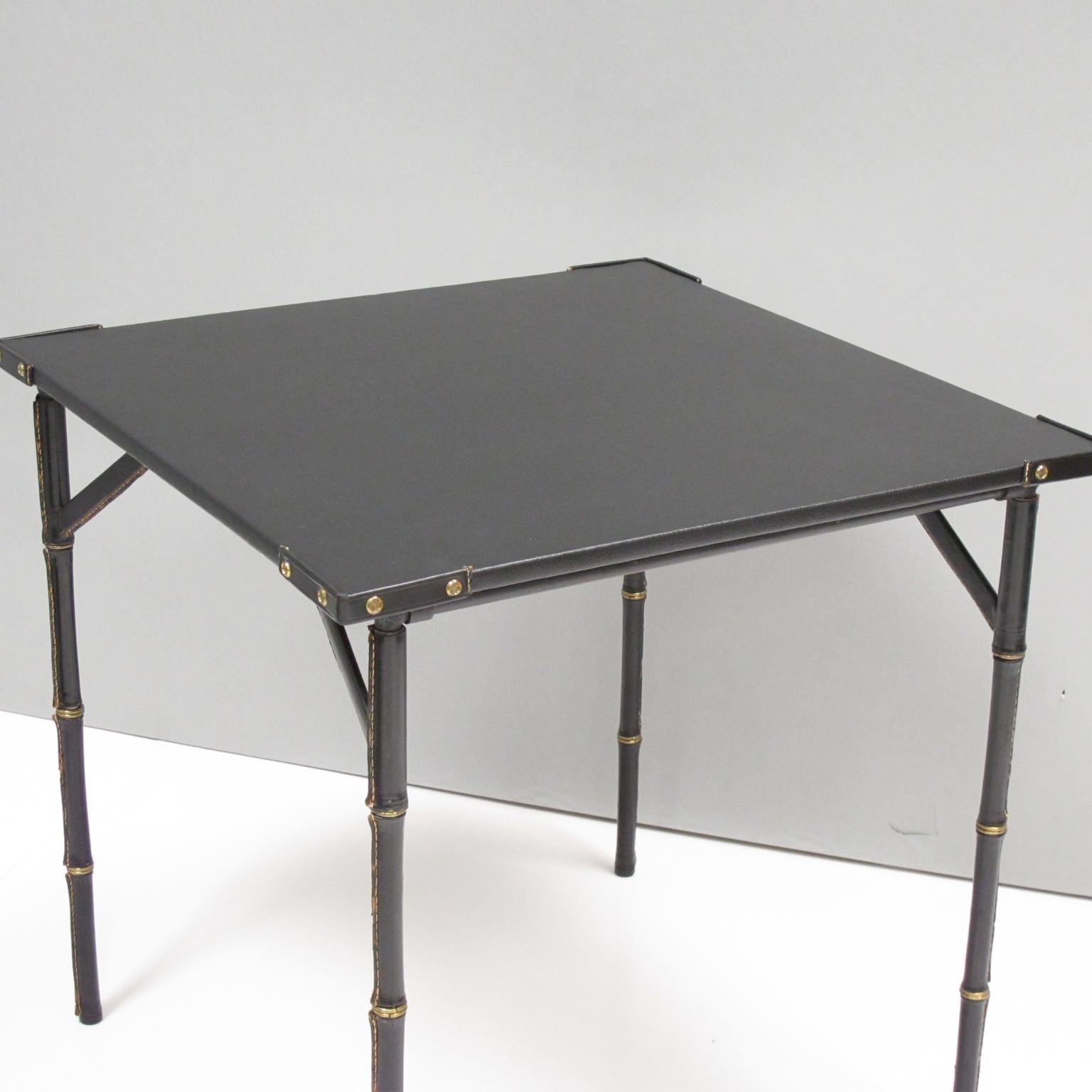 Jacques Adnet Folding Table Hand-Stitched Black Leather Bamboo Brass Design 3