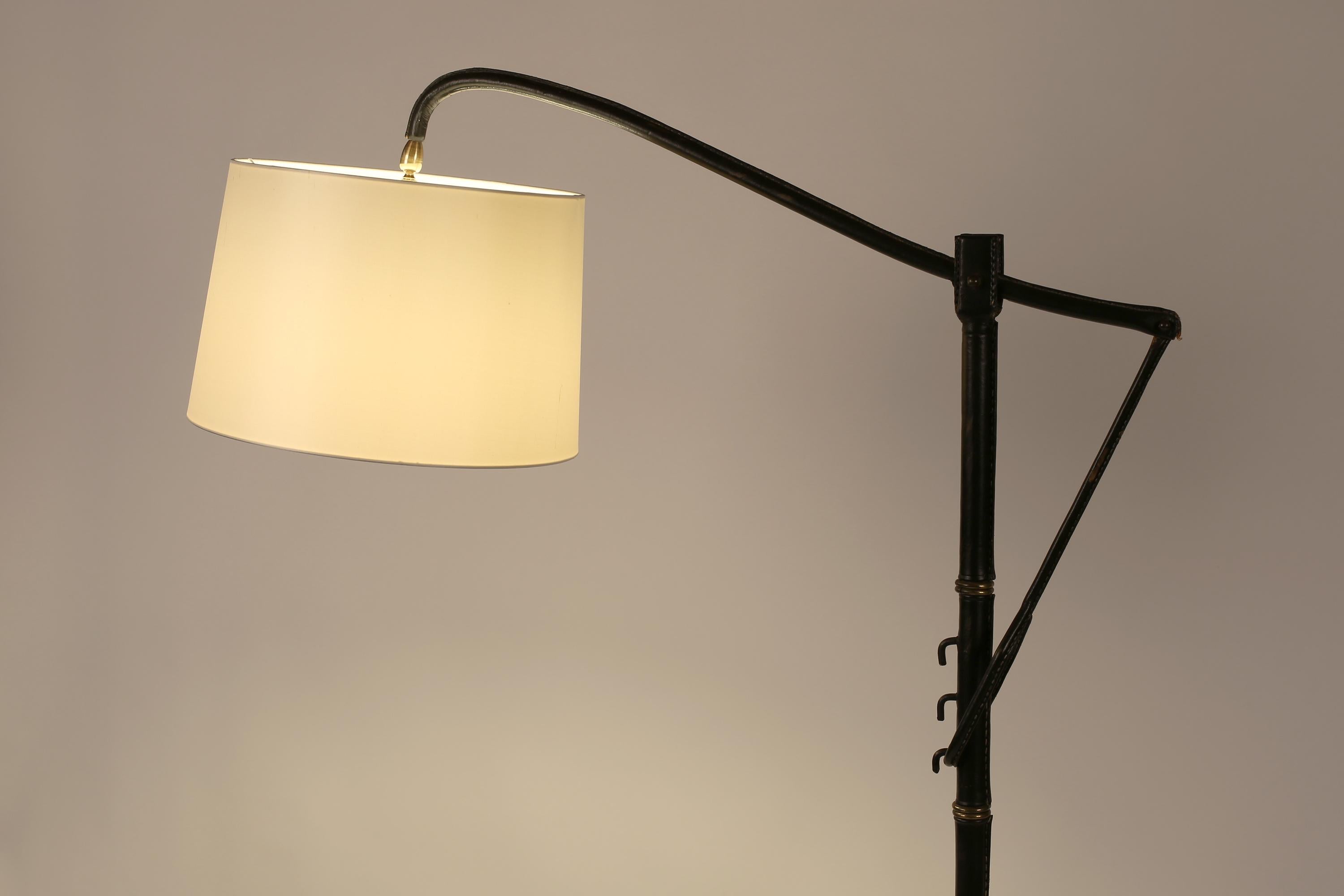 Gilt Jacques Adnet for Hermès French 1950s Leather Floor Lamp Midcentury Modern For Sale