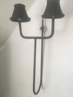 Jacques Adnet Four Large Black Stitched Leather Double Wall Lamps, French, 1950s