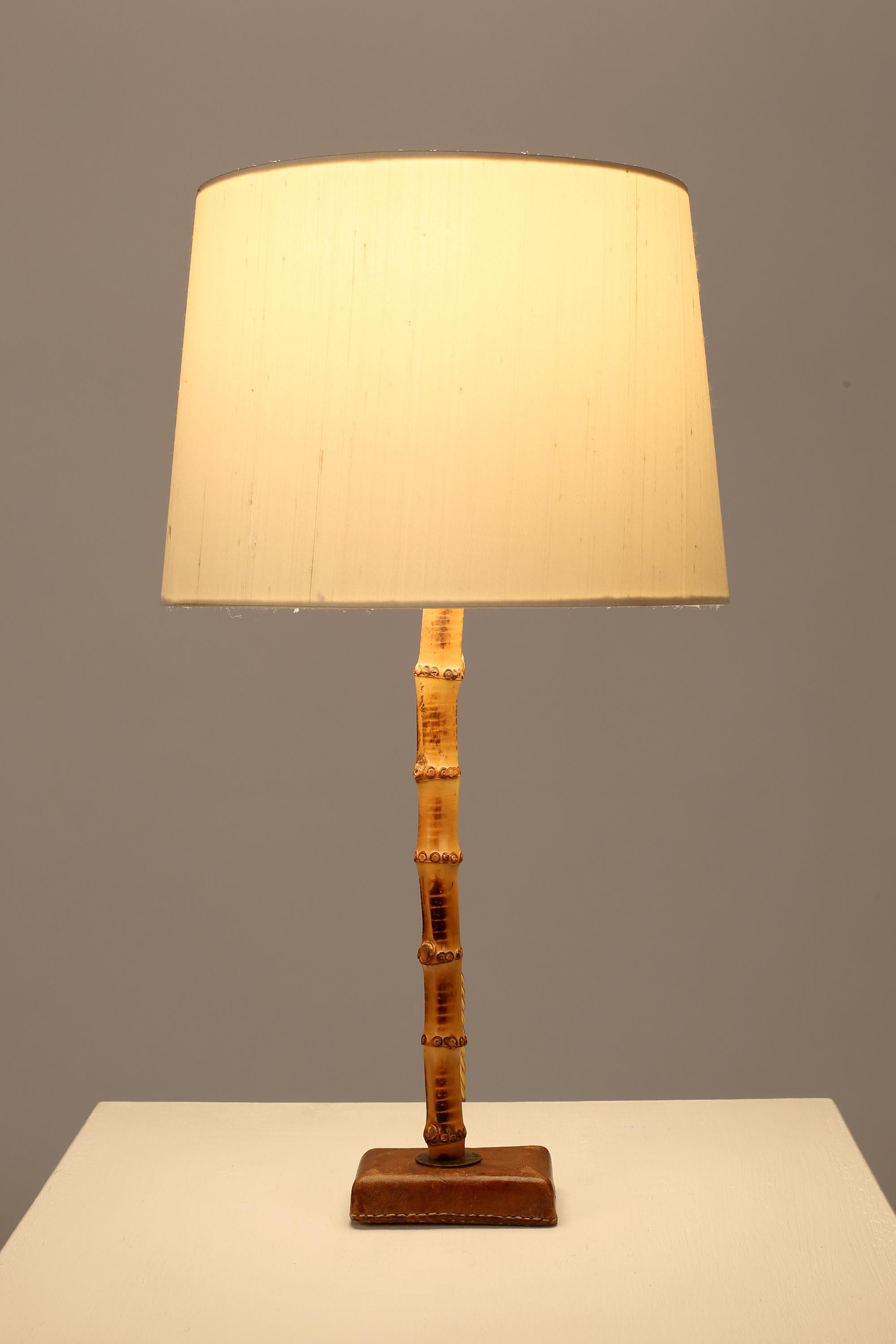 Jacques Adnet French 1950s Bamboo & Leather Table Lamp In Good Condition In London, GB