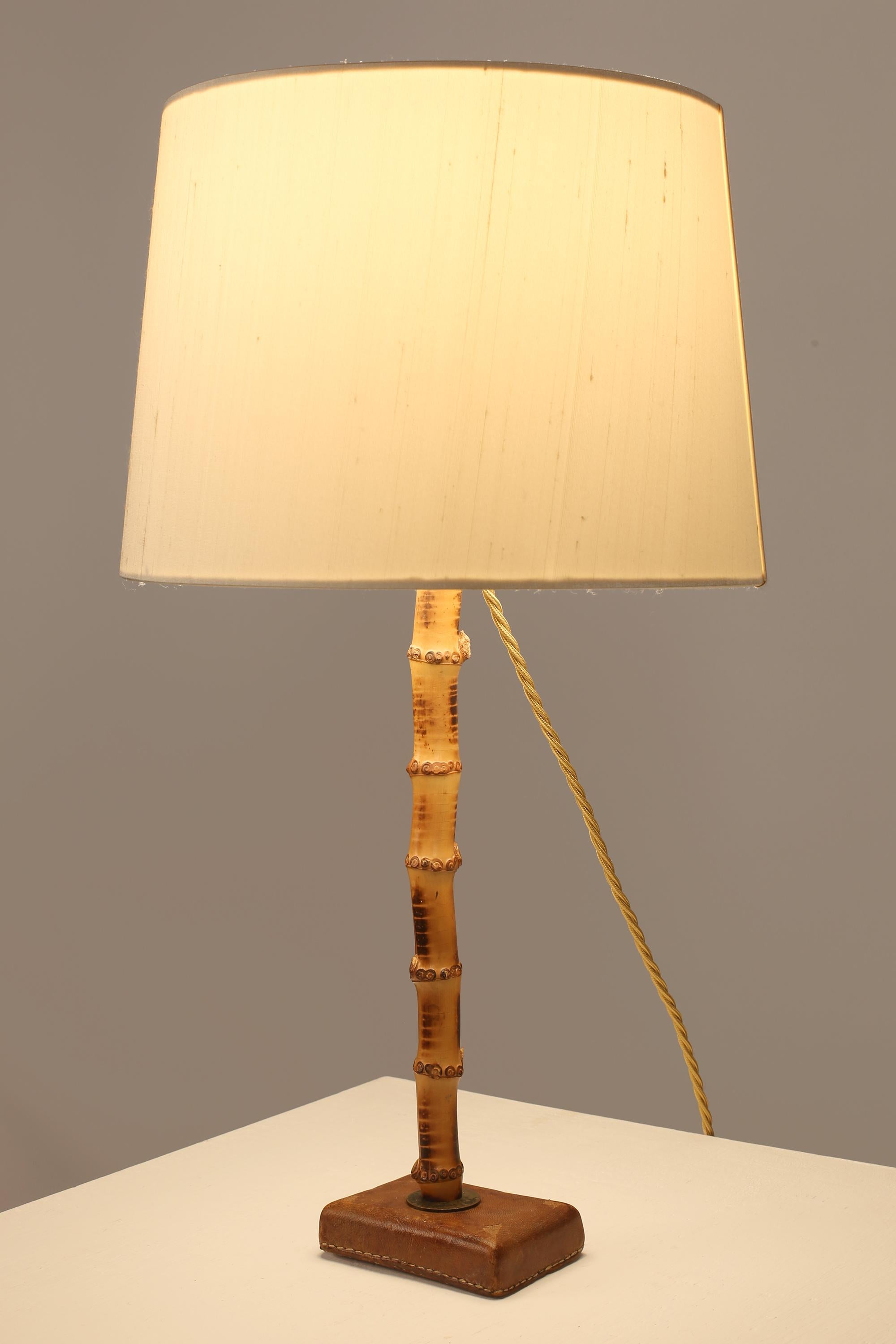 20th Century Jacques Adnet French 1950s Bamboo & Leather Table Lamp