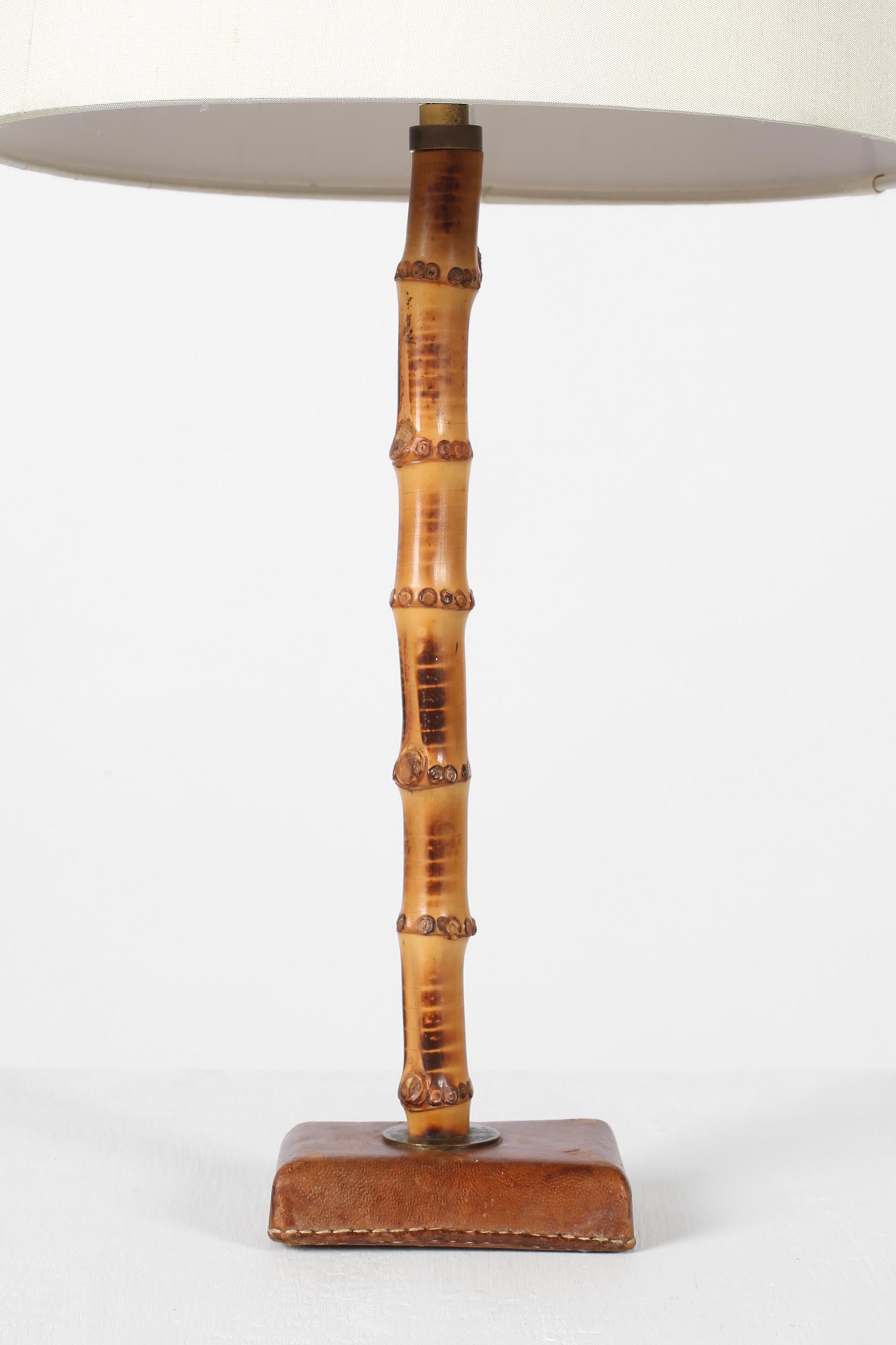 Jacques Adnet French 1950s Bamboo & Leather Table Lamp 1