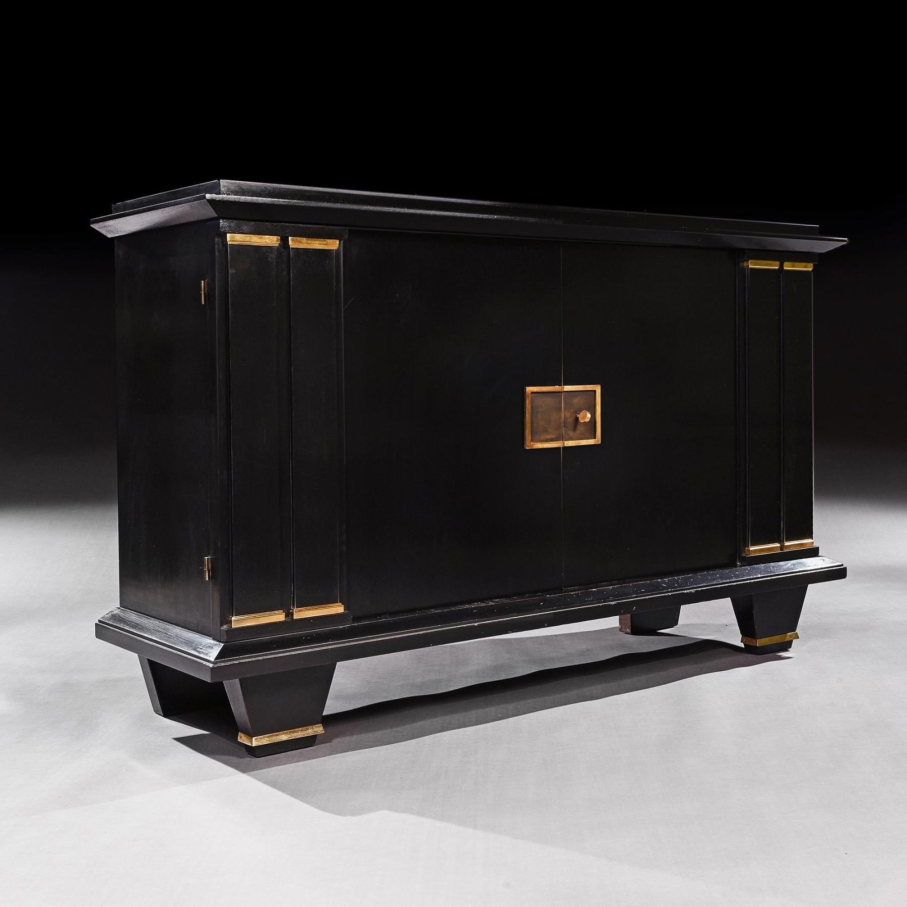 Mid-20th Century Jacques Adnet French Art Deco Ebonised Enfilade Sideboard with Gilt Bronze Mount