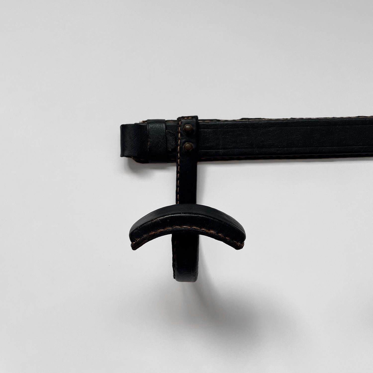 Jacques Adnet French Black Leather Coat Rack In Good Condition For Sale In Los Angeles, CA