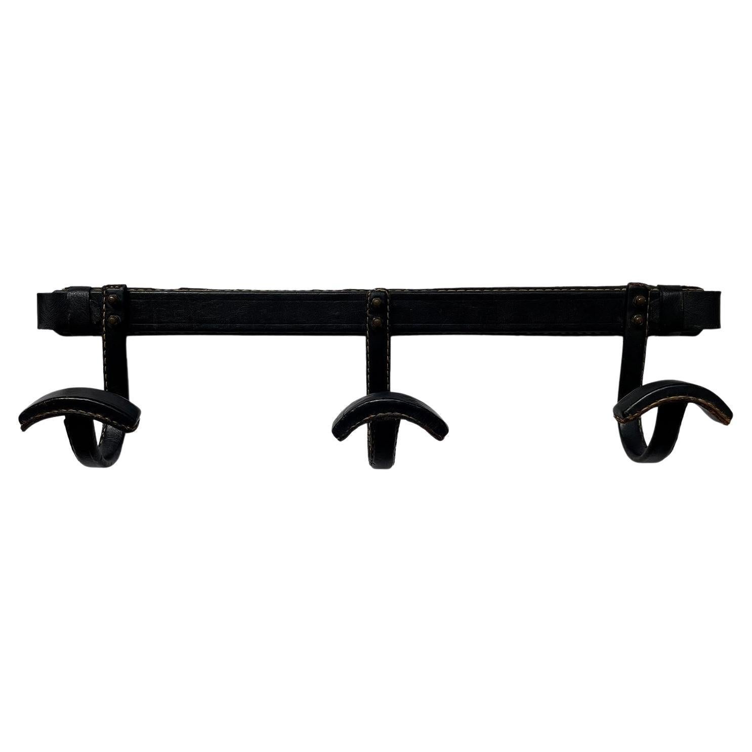 Jacques Adnet French Black Leather Coat Rack For Sale