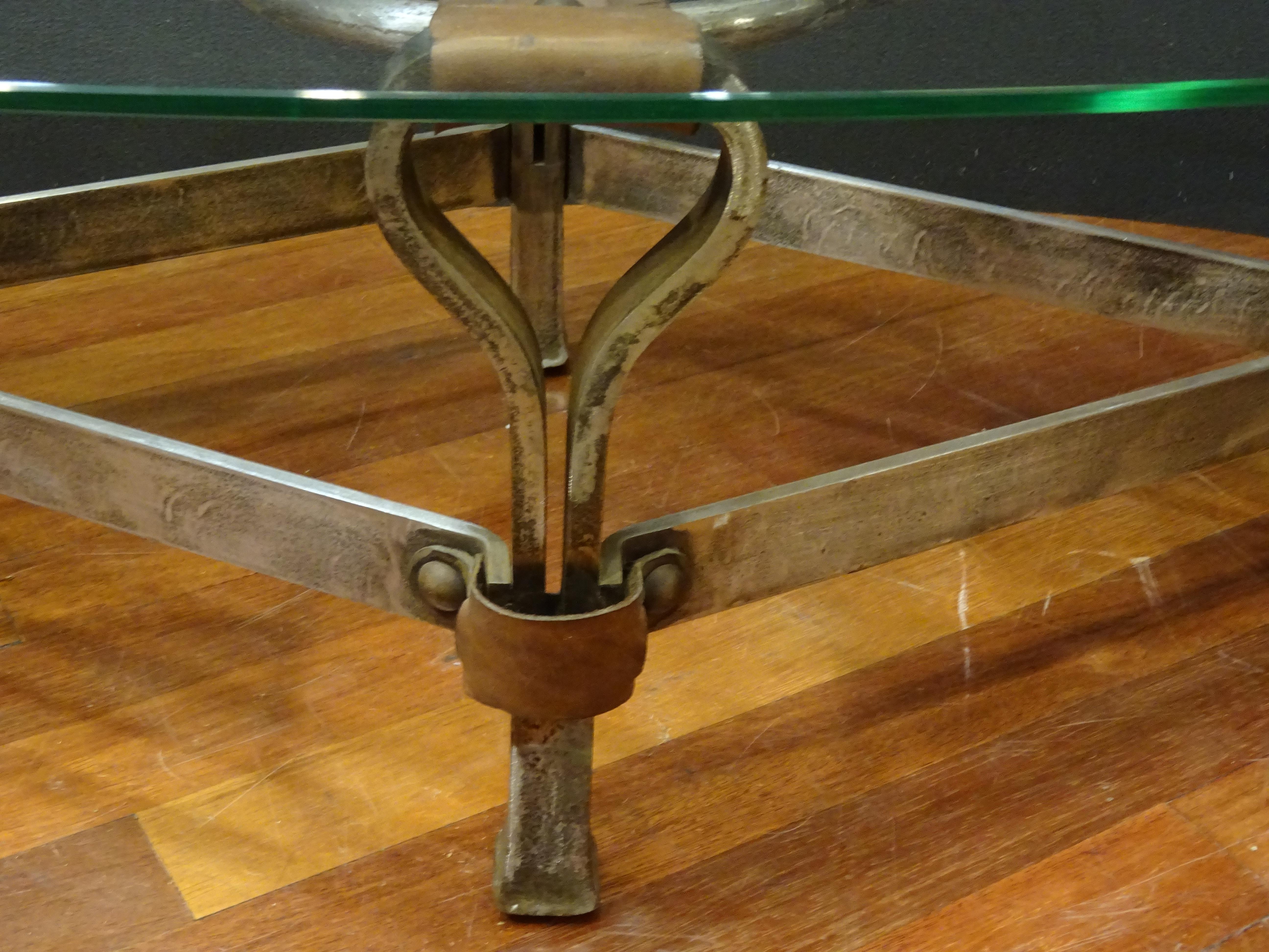 Jacques Adnet French Coffee Table for Hermès, Leather, Steel, Crystal, 1950 1