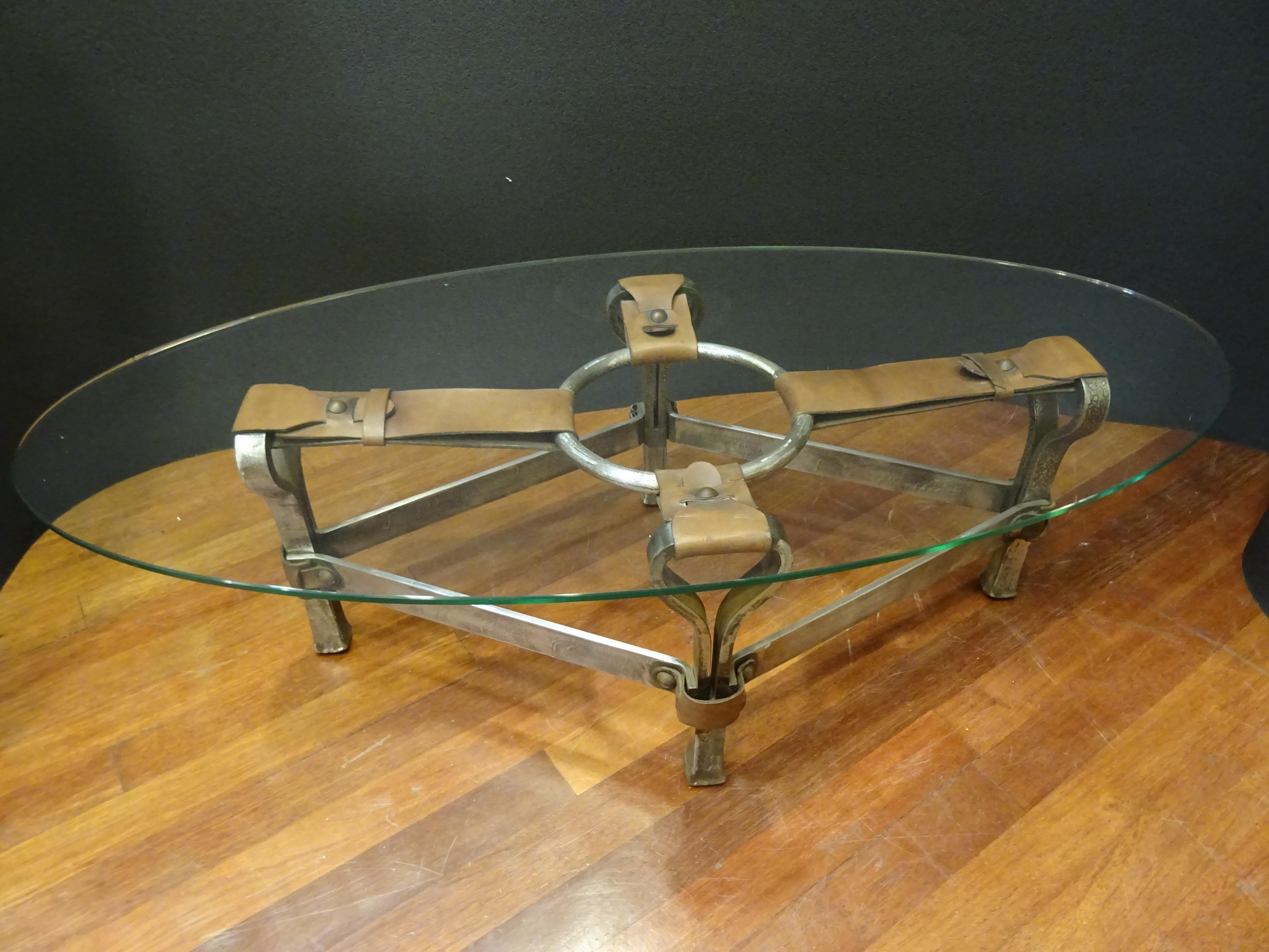 Jacques Adnet French Coffee Table for Hermès, Leather, Steel, Crystal, 1950 2