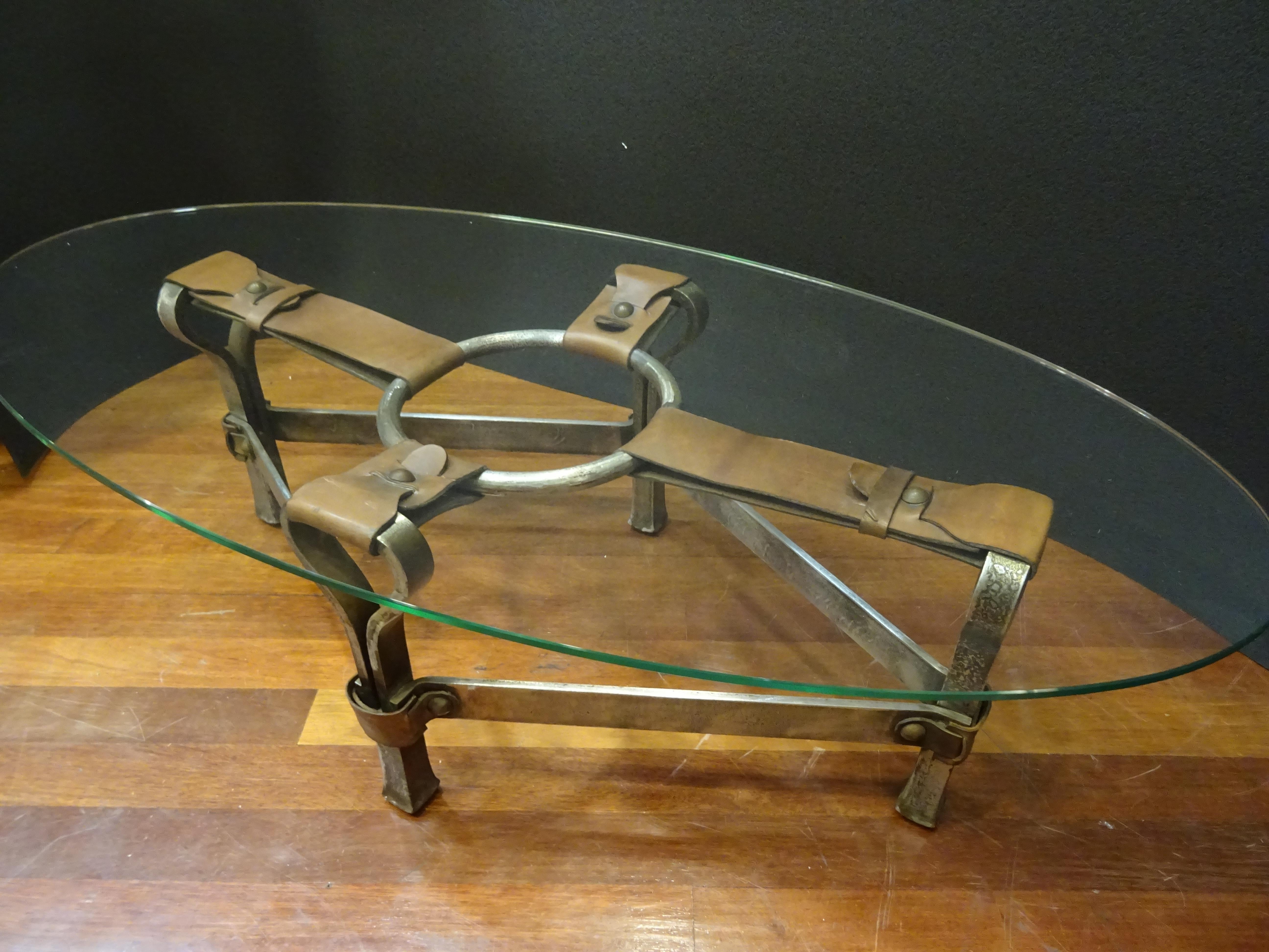 Jacques Adnet French Coffee Table for Hermès, Leather, Steel, Crystal, 1950 3