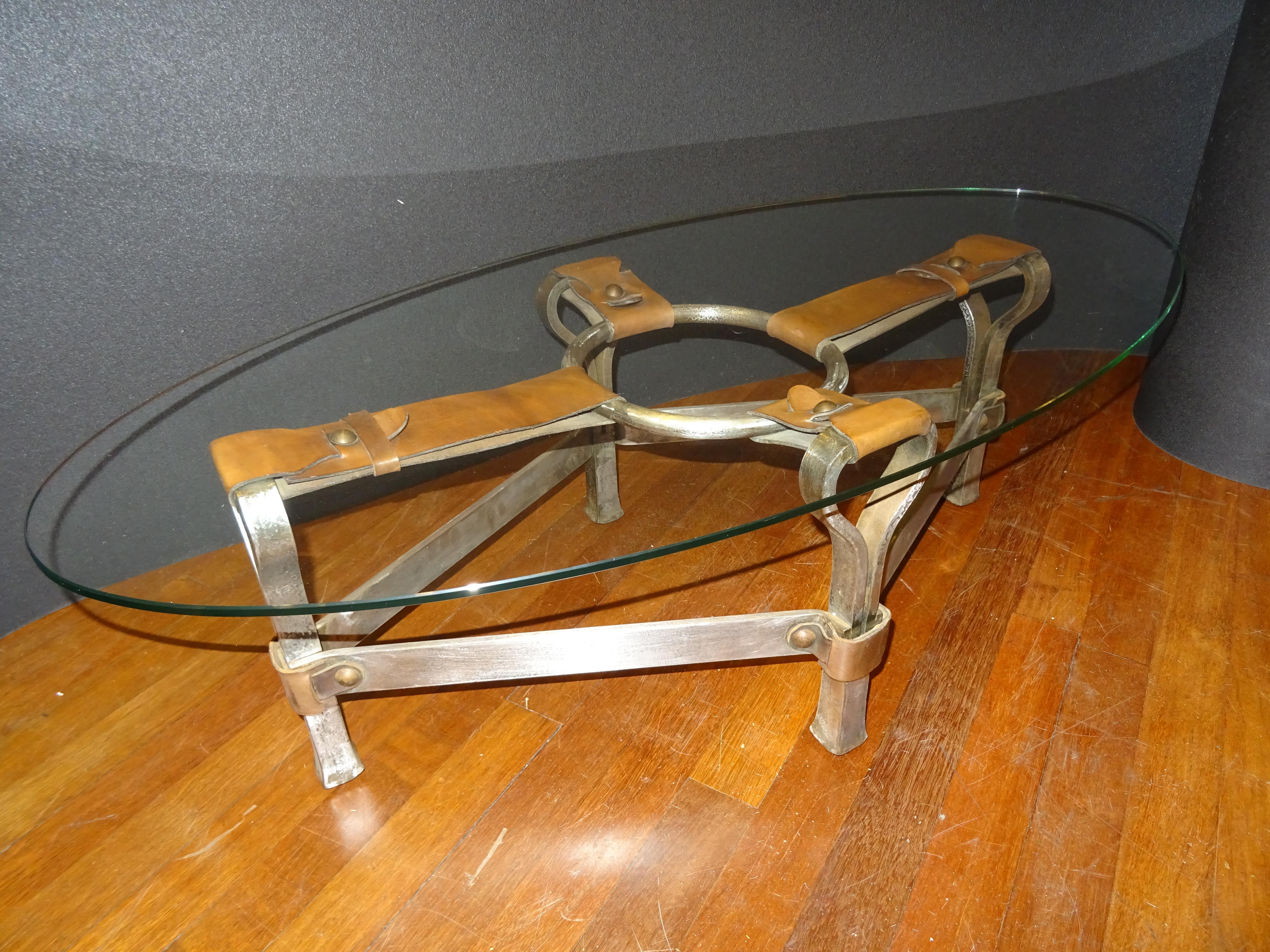 One of a kind piece, unique, leather, steel and crystal coffee table designed by Jacques Adnet (1900-1984), who was a French Art Deco modernist designer, architect and interior designer. He was known for his furniture designs in leather. He works
