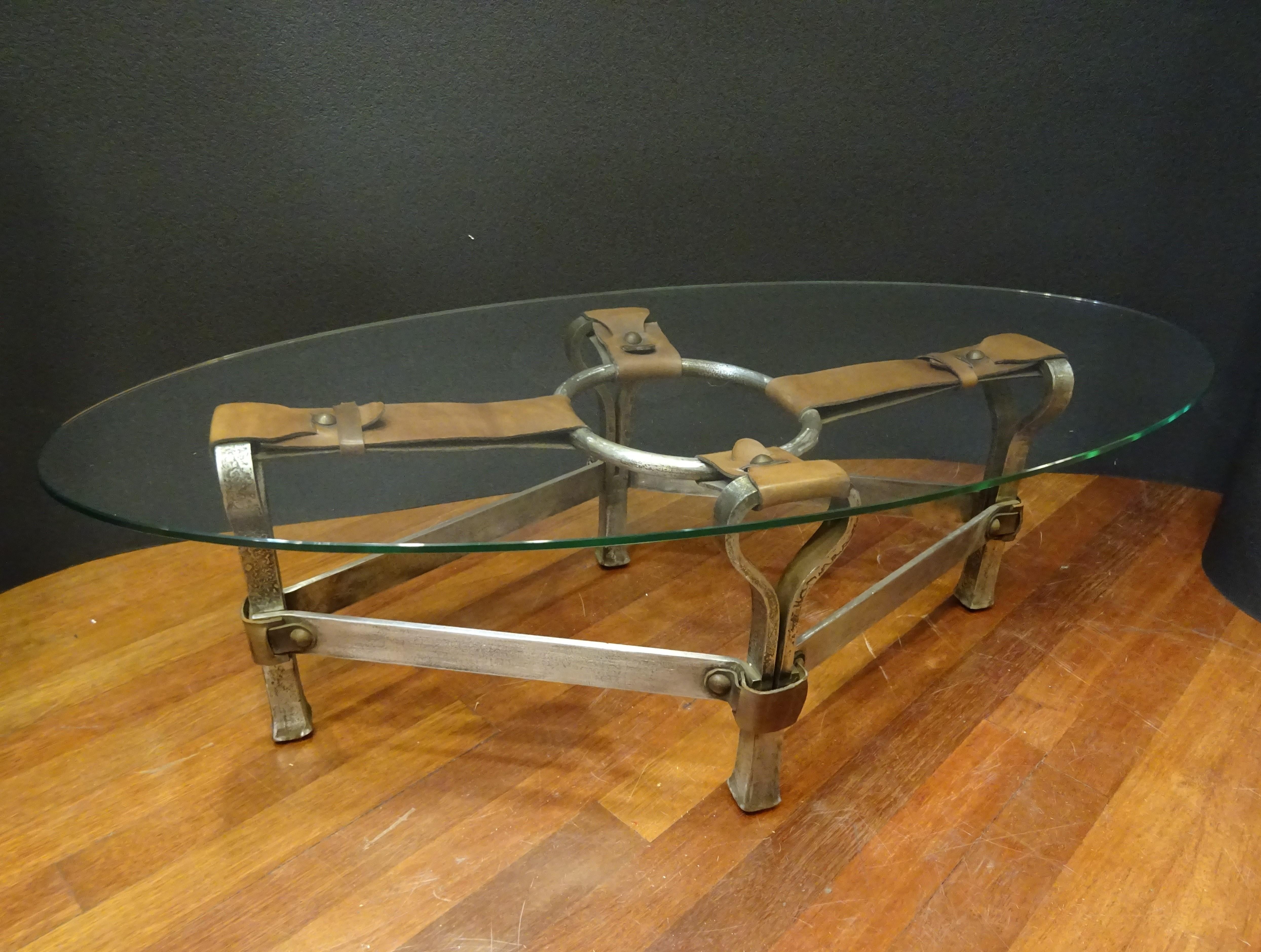 Jacques Adnet French Coffee Table for Hermès, Leather, Steel, Crystal, 1950 11