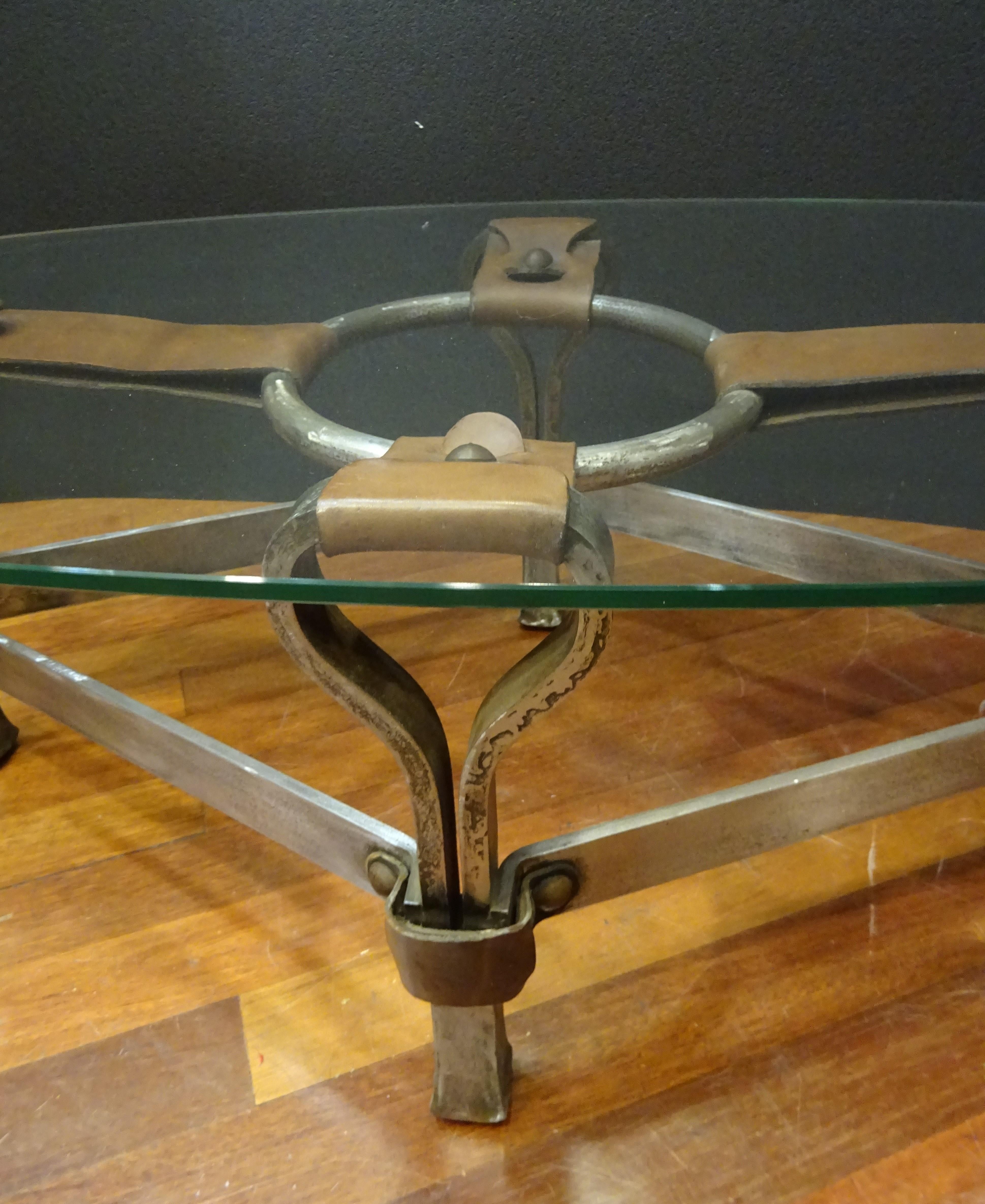 Bauhaus Jacques Adnet French Coffee Table for Hermès, Leather, Steel, Crystal, 1950