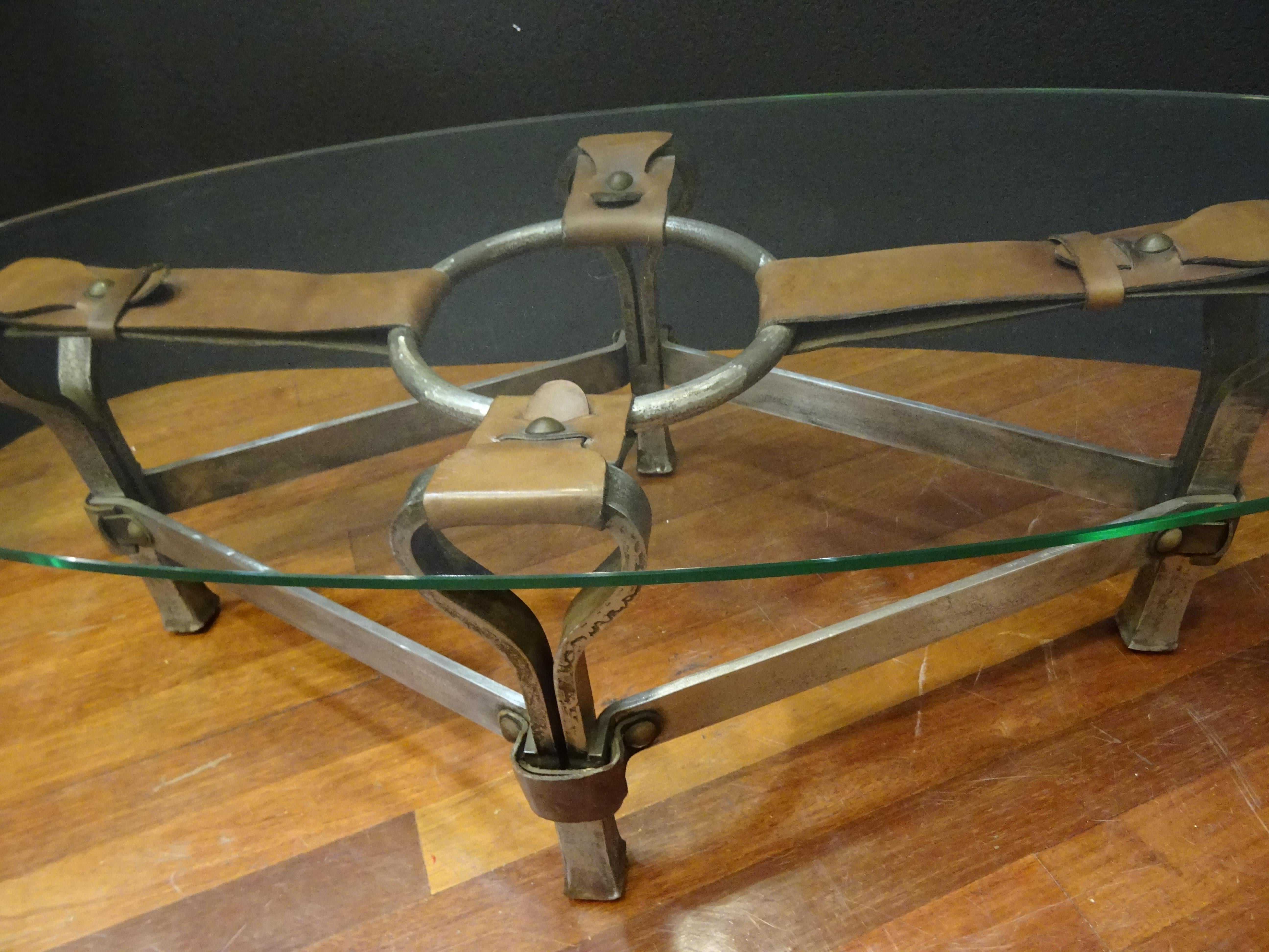 Hand-Crafted Jacques Adnet French Coffee Table for Hermès, Leather, Steel, Crystal, 1950