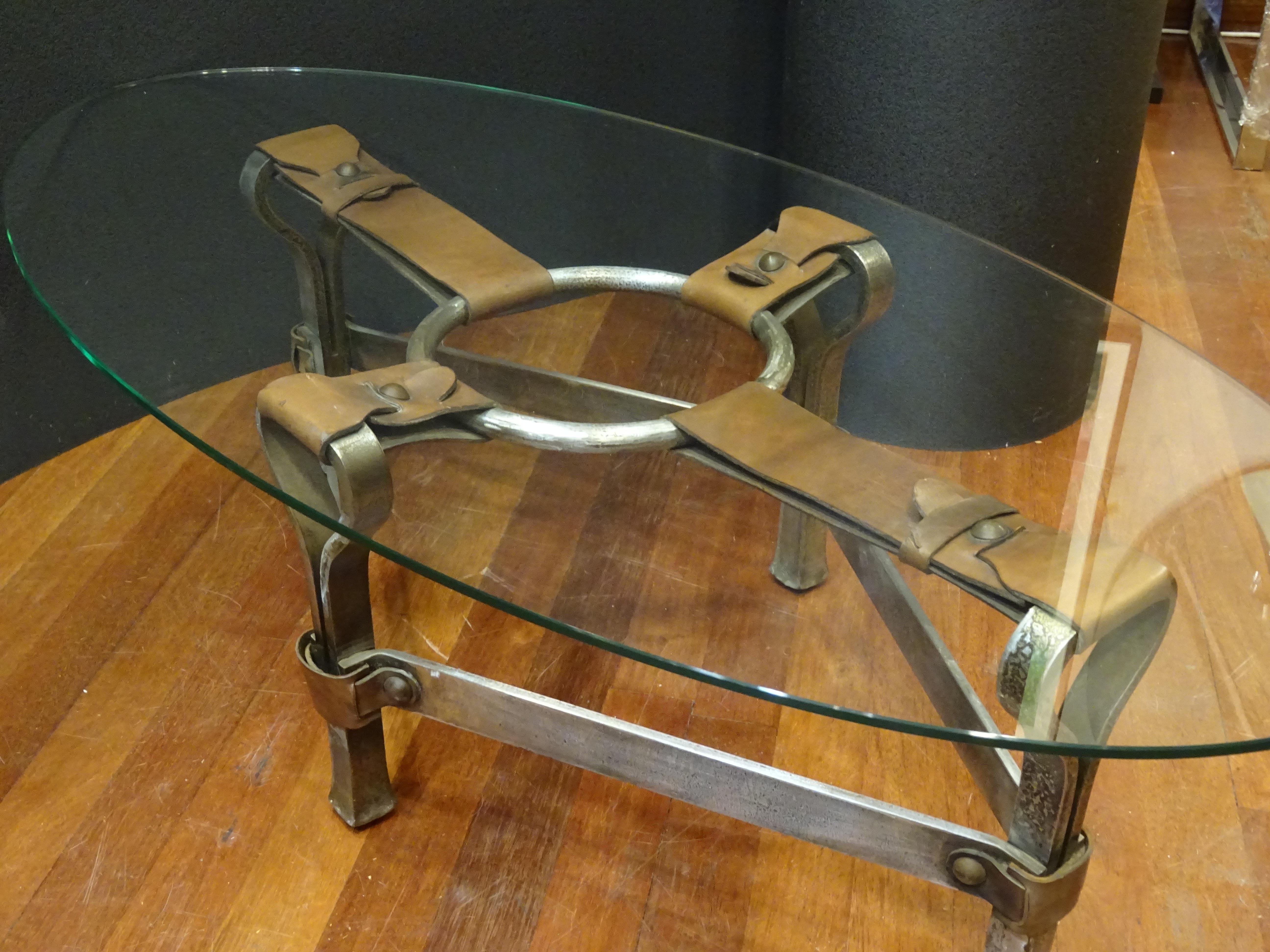 Mid-20th Century Jacques Adnet French Coffee Table for Hermès, Leather, Steel, Crystal, 1950