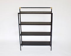 Jacques Adnet French Etagere or Bookshelf Display Shelf Black Metal Faux Bamboo