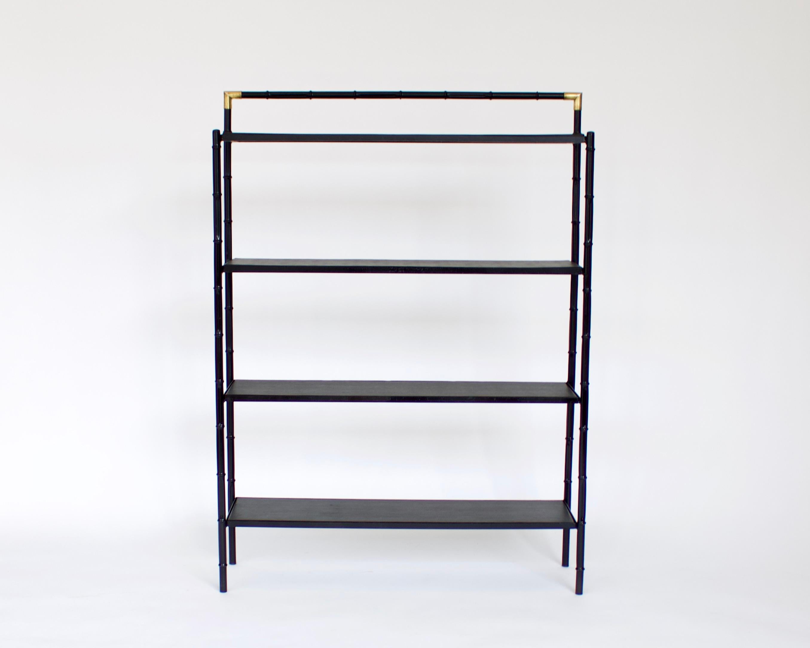 Jacques Adnet French Etagere or Bookshelf Display Shelf Black Metal Faux Bamboo In Good Condition In Chicago, IL