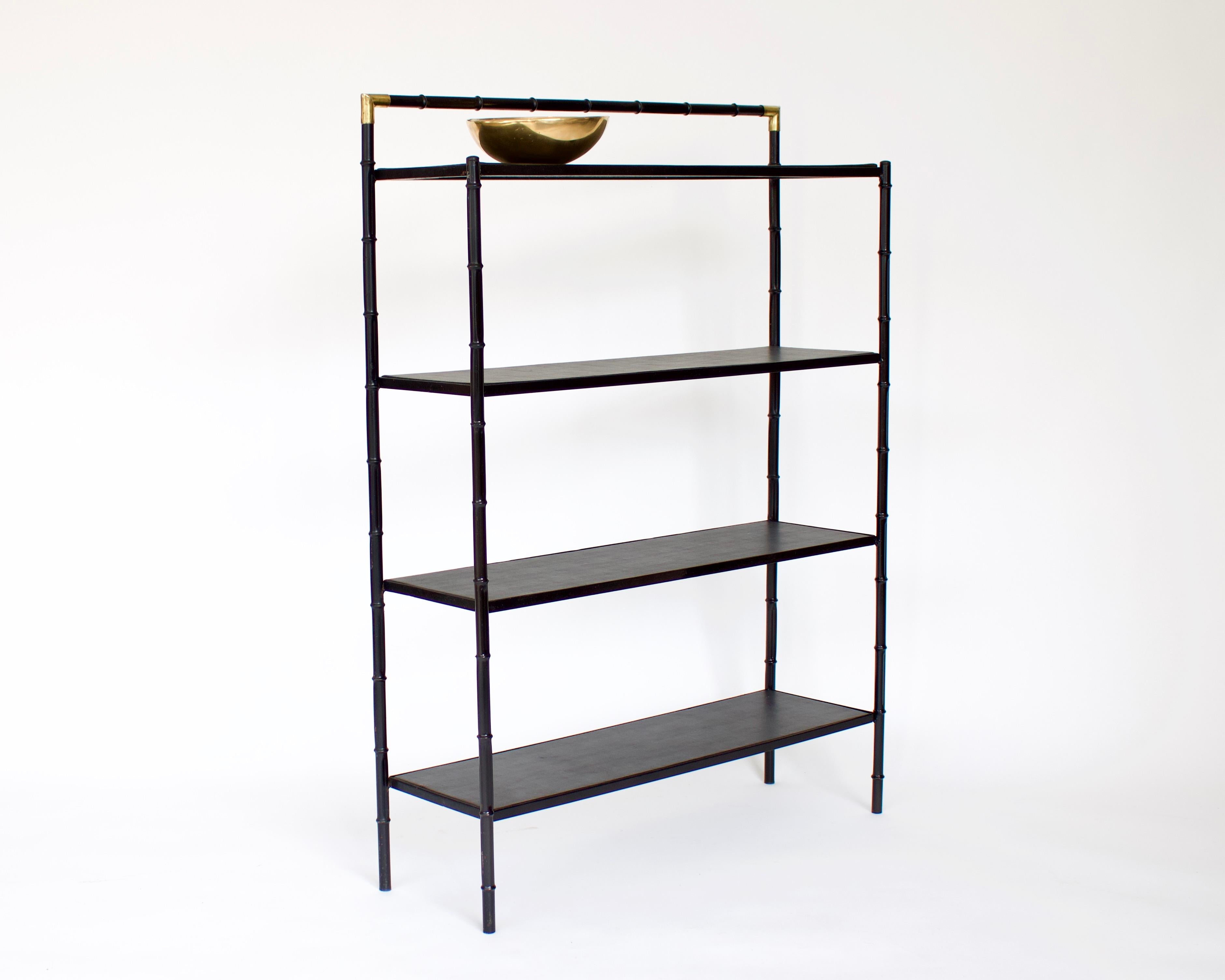 Mid-20th Century Jacques Adnet French Etagere or Bookshelf Display Shelf Black Metal Faux Bamboo