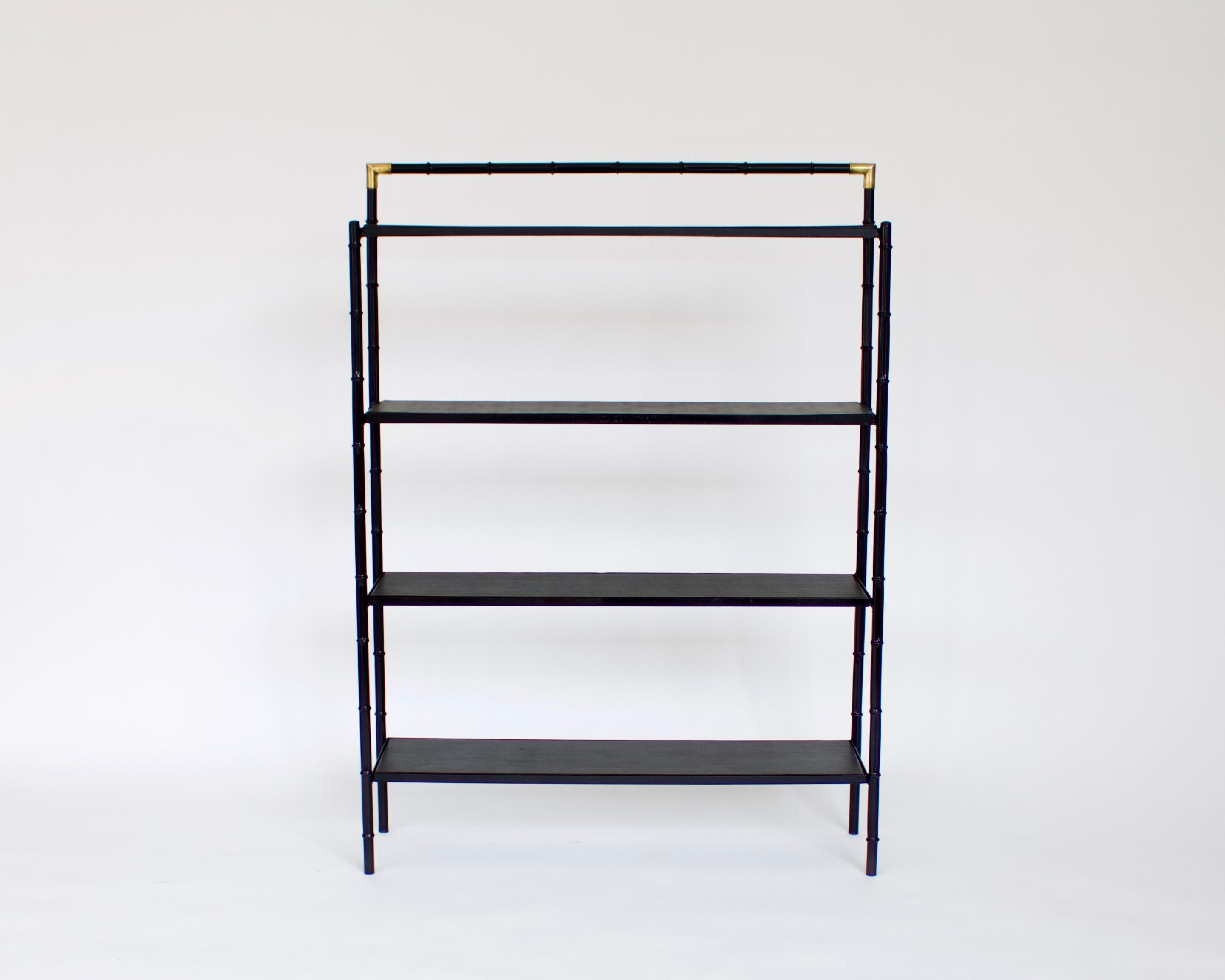 Jacques Adnet French Etagere or Bookshelf Display Shelf Black Metal Faux Bamboo 1