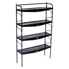 Jacques Adnet French Etagere or Bookshelf Display Shelf Black Metal Faux Bamboo