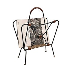Jacques Adnet French Leather & Iron Butterfly Magazine Rack