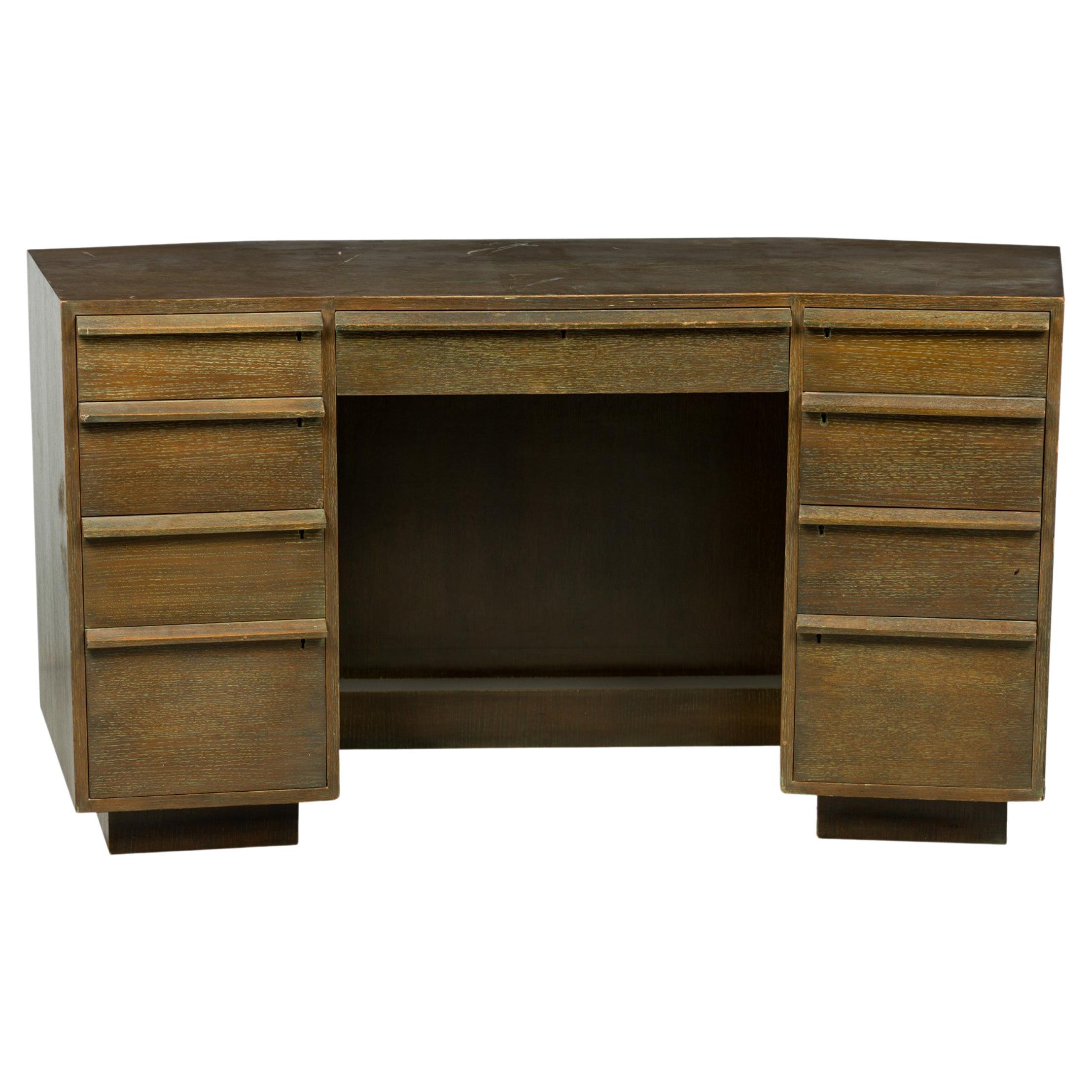 Jacques Adnet Attributed French Midcentury Cerused Oak Kneehole Desk For Sale
