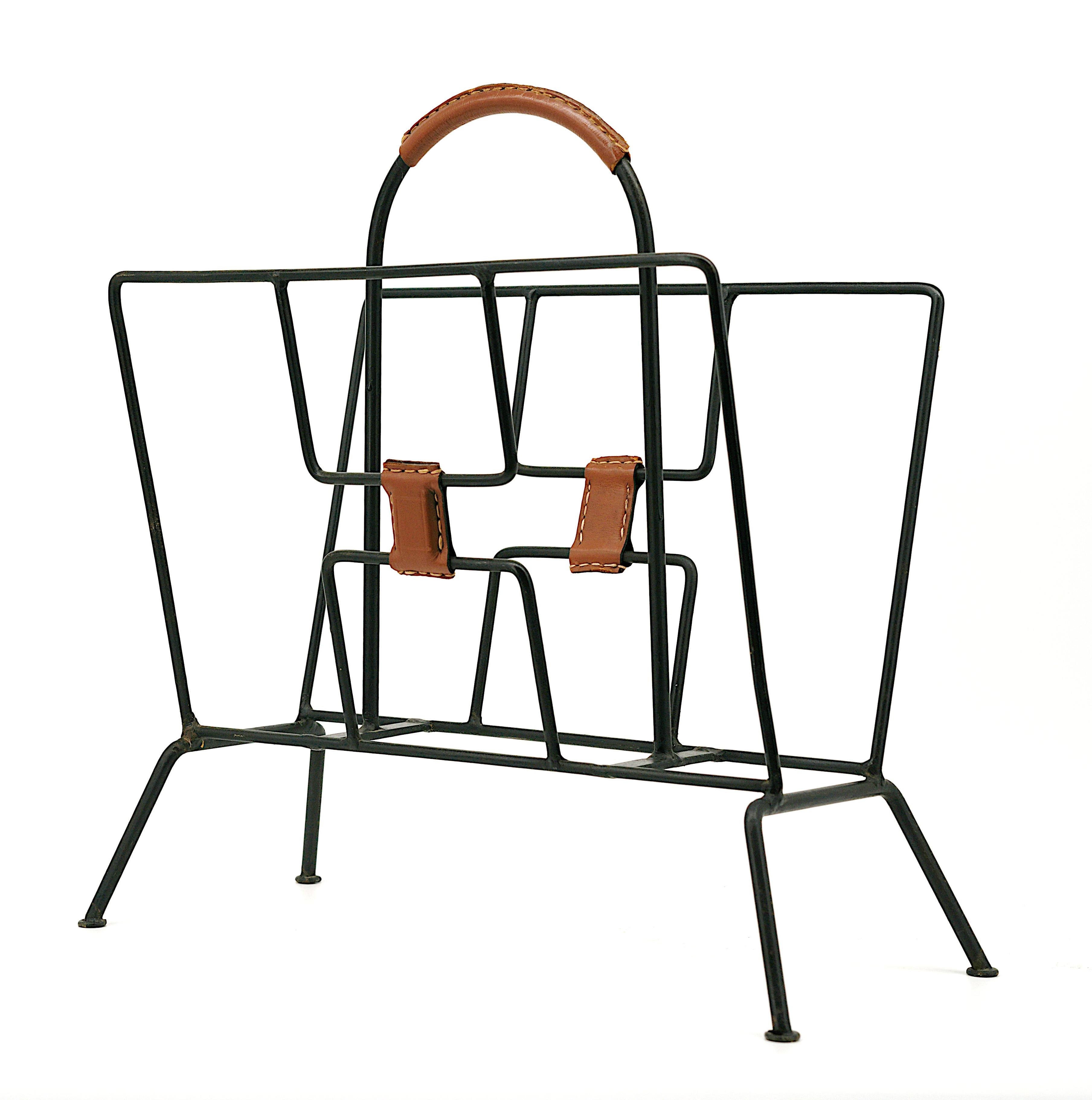 Leather Jacques ADNET French Mid-century Magazine Rack, 1950s For Sale