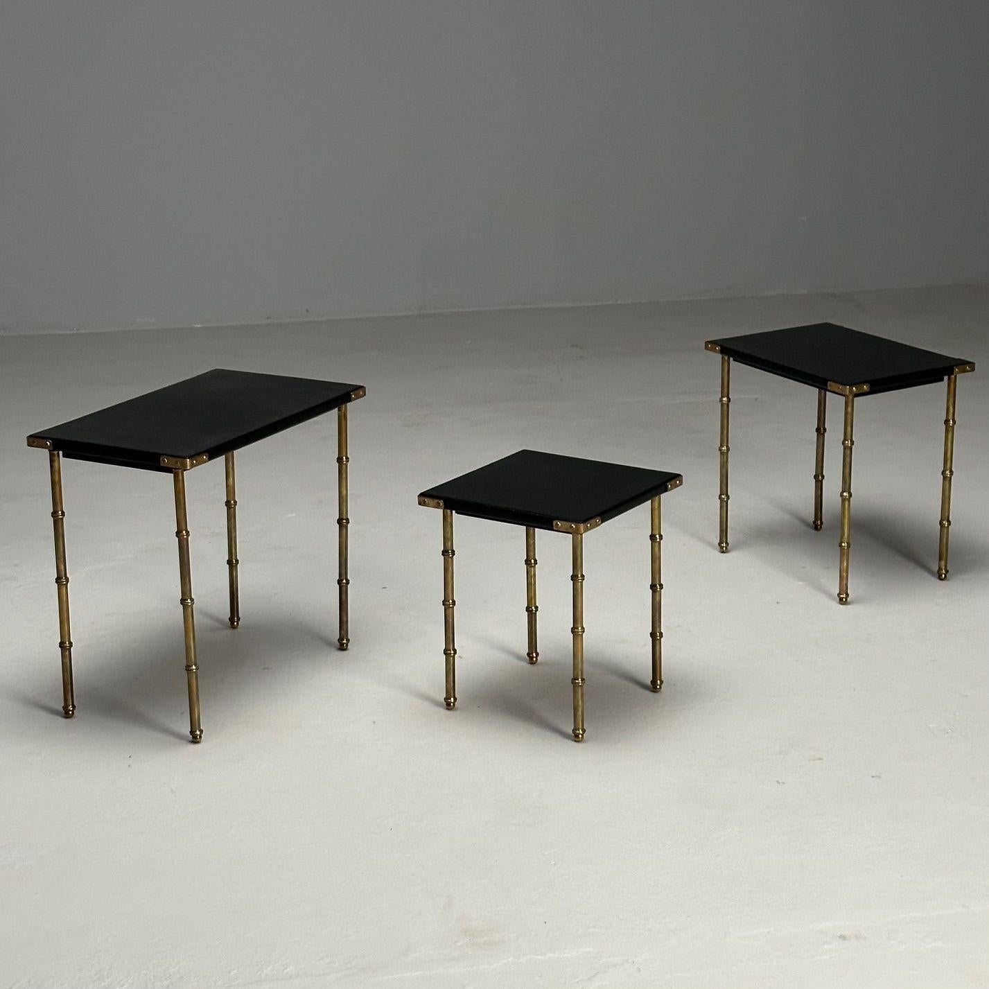 Mid-20th Century Jacques Adnet, French Mid-Century Modern, Nesting Tables, Leather, Brass, 1950s For Sale