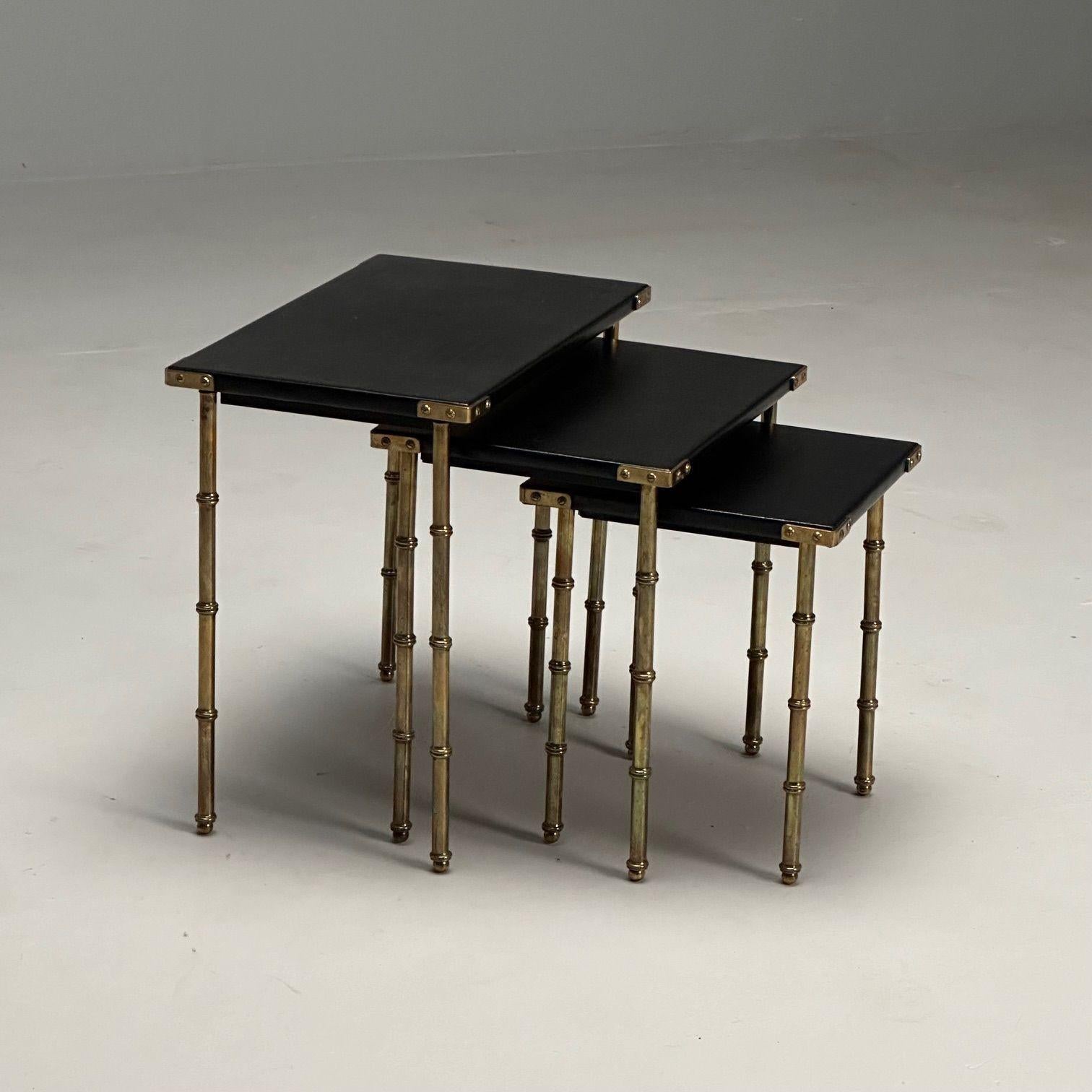 Jacques Adnet, French Mid-Century Modern, Nesting Tables, Leather, Brass, 1950s For Sale 1