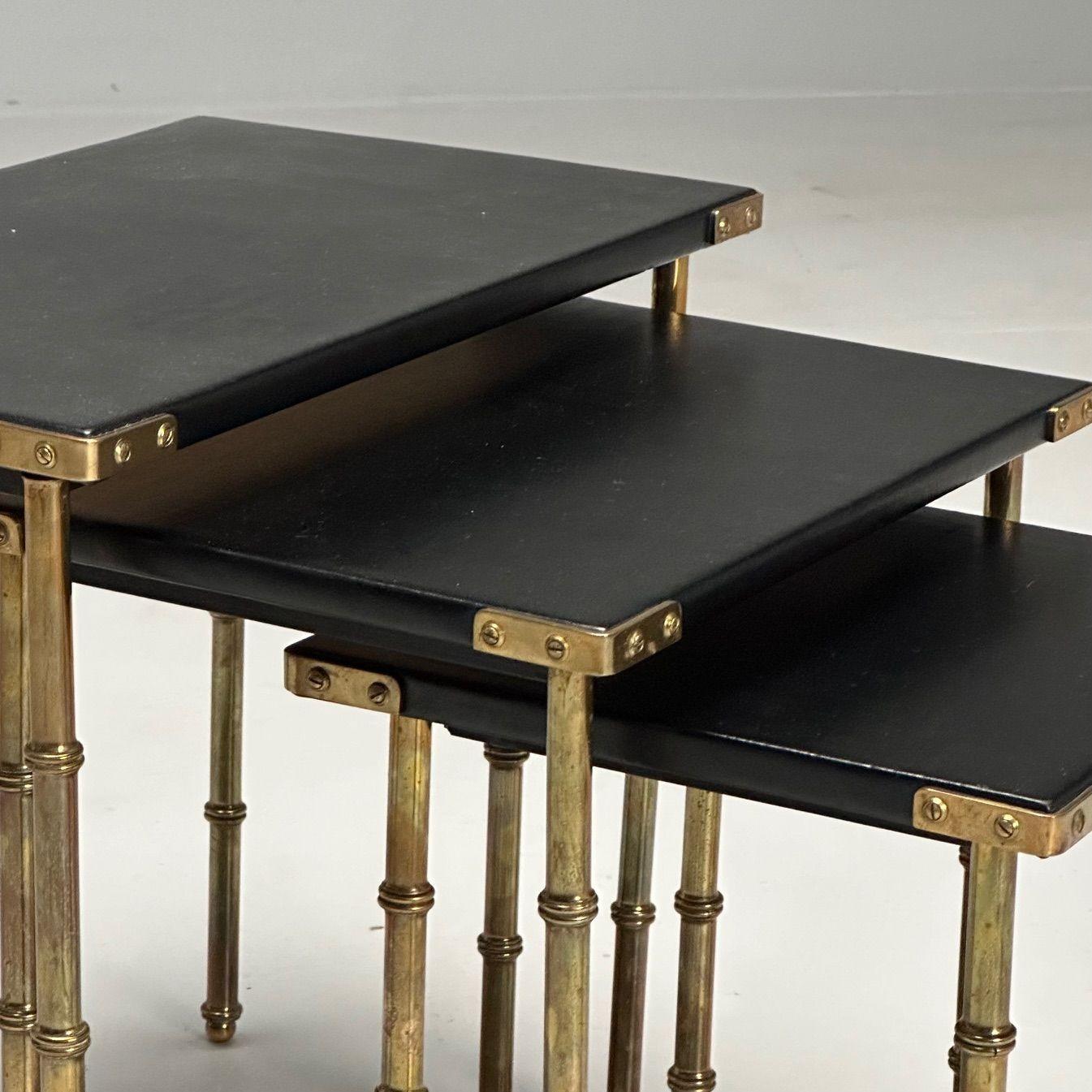 Jacques Adnet, French Mid-Century Modern, Nesting Tables, Leather, Brass, 1950s For Sale 2