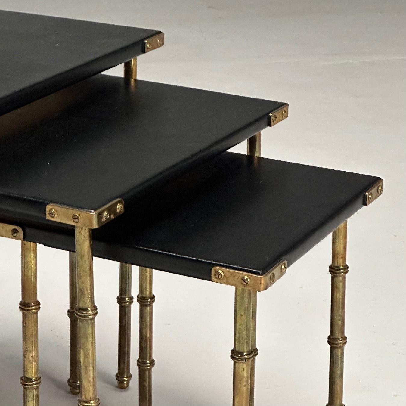 Jacques Adnet, French Mid-Century Modern, Nesting Tables, Leather, Brass, 1950s For Sale 3